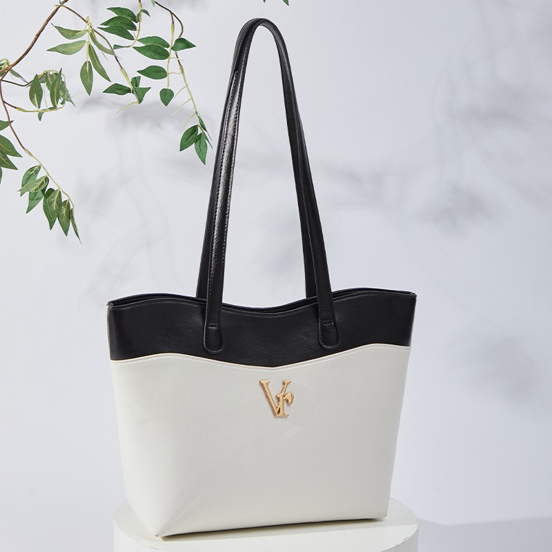 Retro White Black Brown PU Tote Bag Zipper Closure Large Square Shape Daily Use