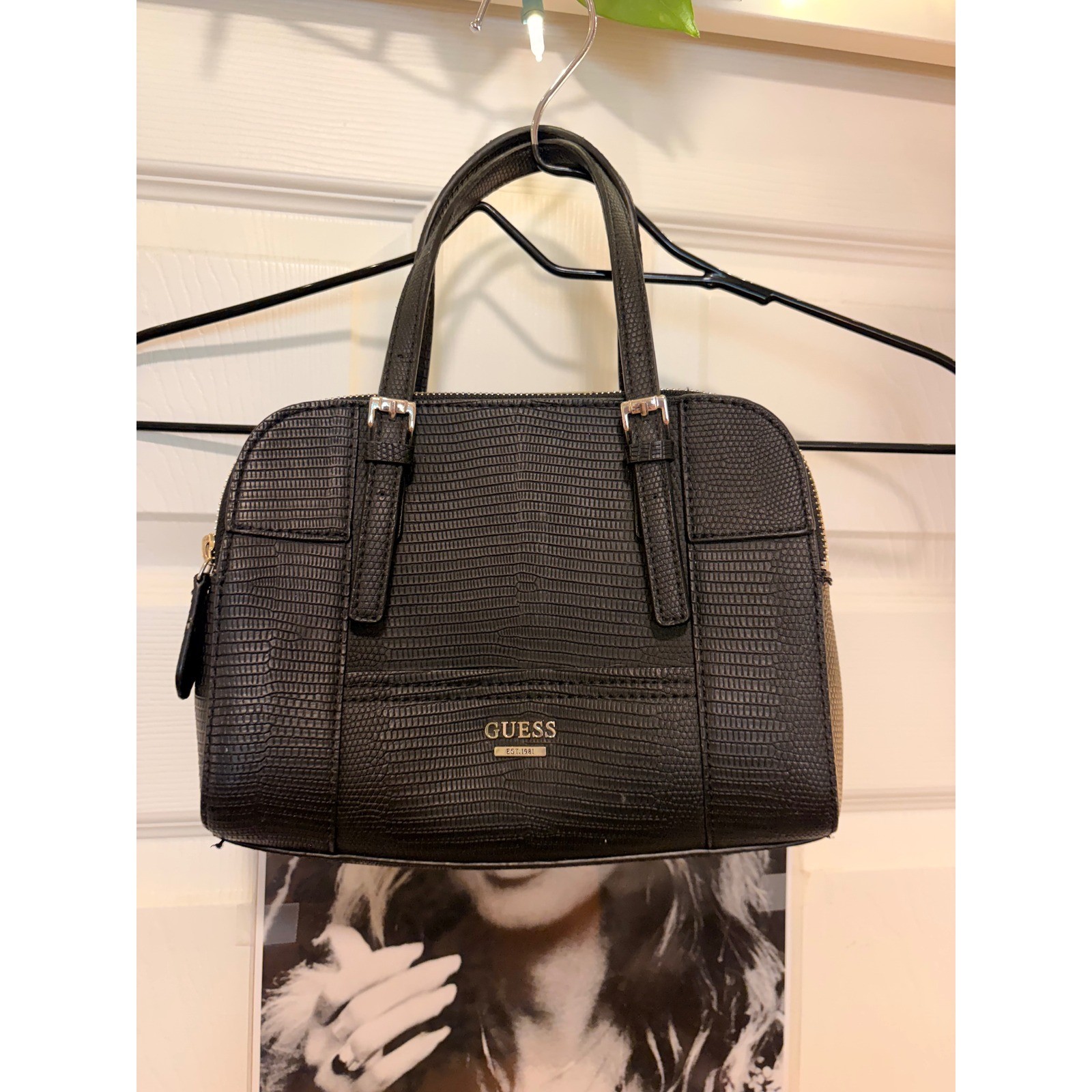 Guess Los Angeles Black Lizard Embossed Dome Satchel Handbag Gold Hardware