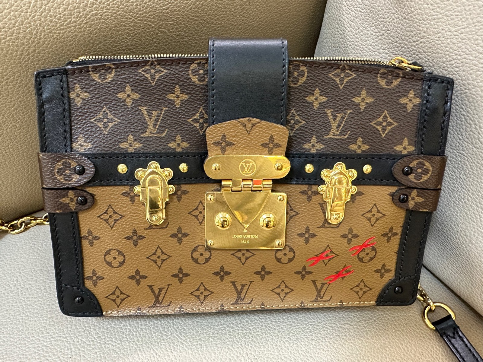 Louis Vuitton Trunk Clutch Monogram Canvas Brown Leather Crossbody Bag Authentic