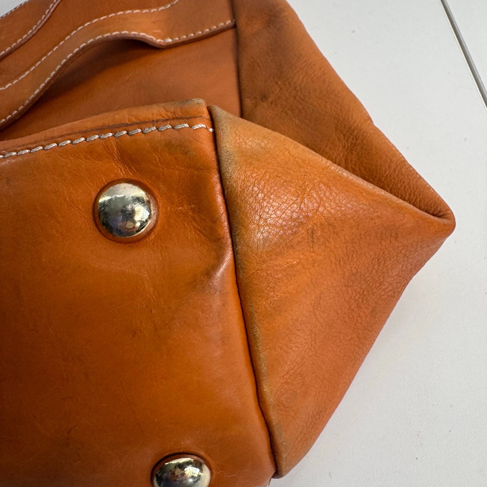 Foley & Corinna Jet Setter Large Top Handle Purse Camel Brown Leather Flaws