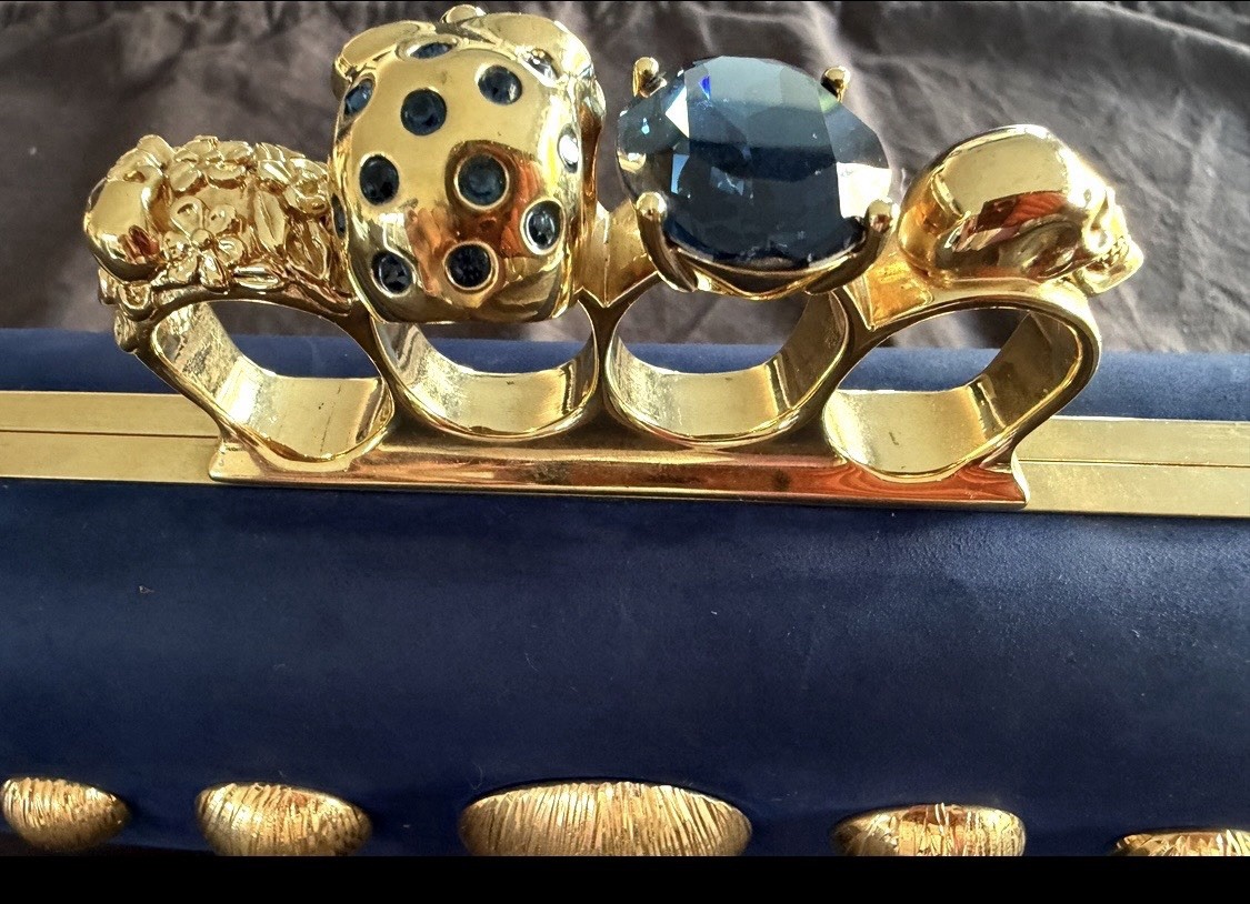 Alexander McQueen Blue Suede Skull Knuckle Clutch Gold Hardware Studded Dust Bag