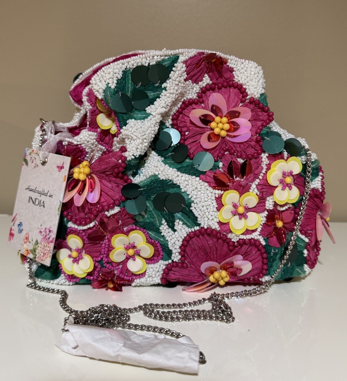 Viral Beaded Floral Clutch Purse Flower White Pink Handmade In India Chain NWT