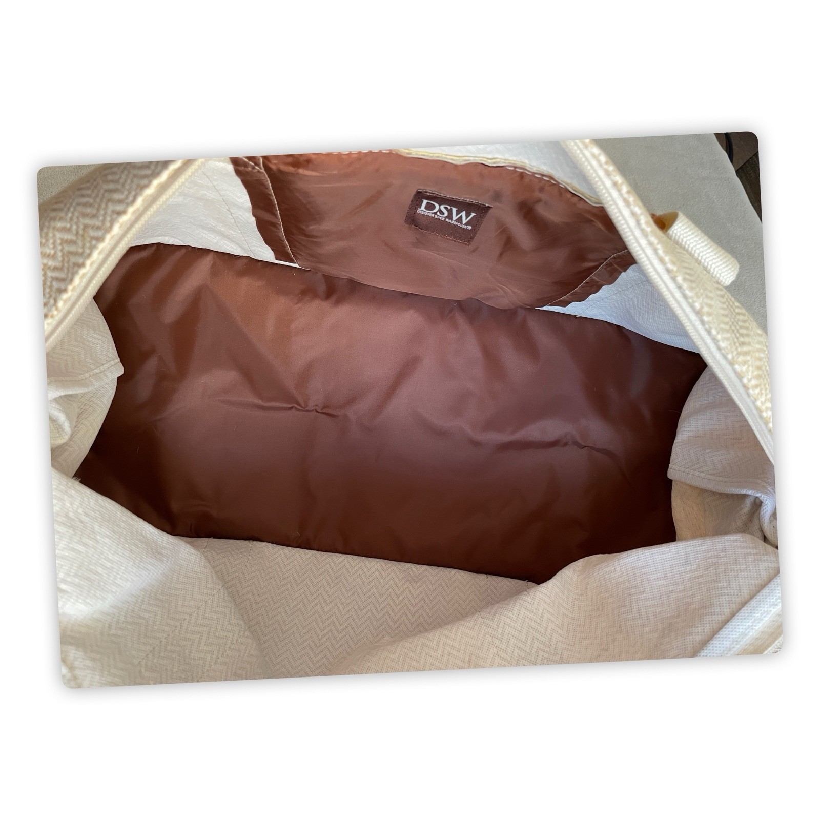 DSW NWOT Duffle Weekender Bag Herringbone Pattern Cream and Camel Color