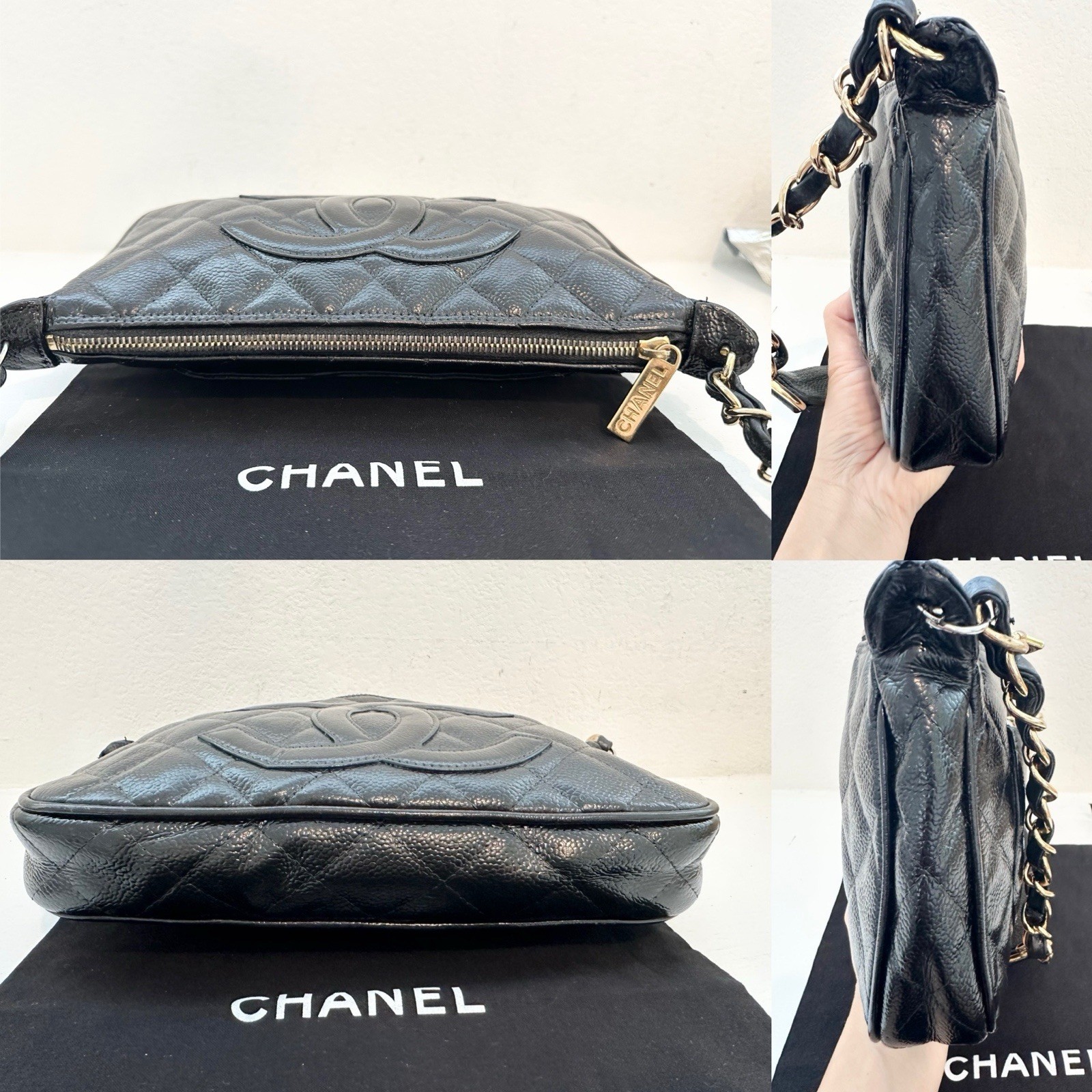 Auth CHANEL Classic CC Black Caviar Leather Pochette Chain Shoulder Bag