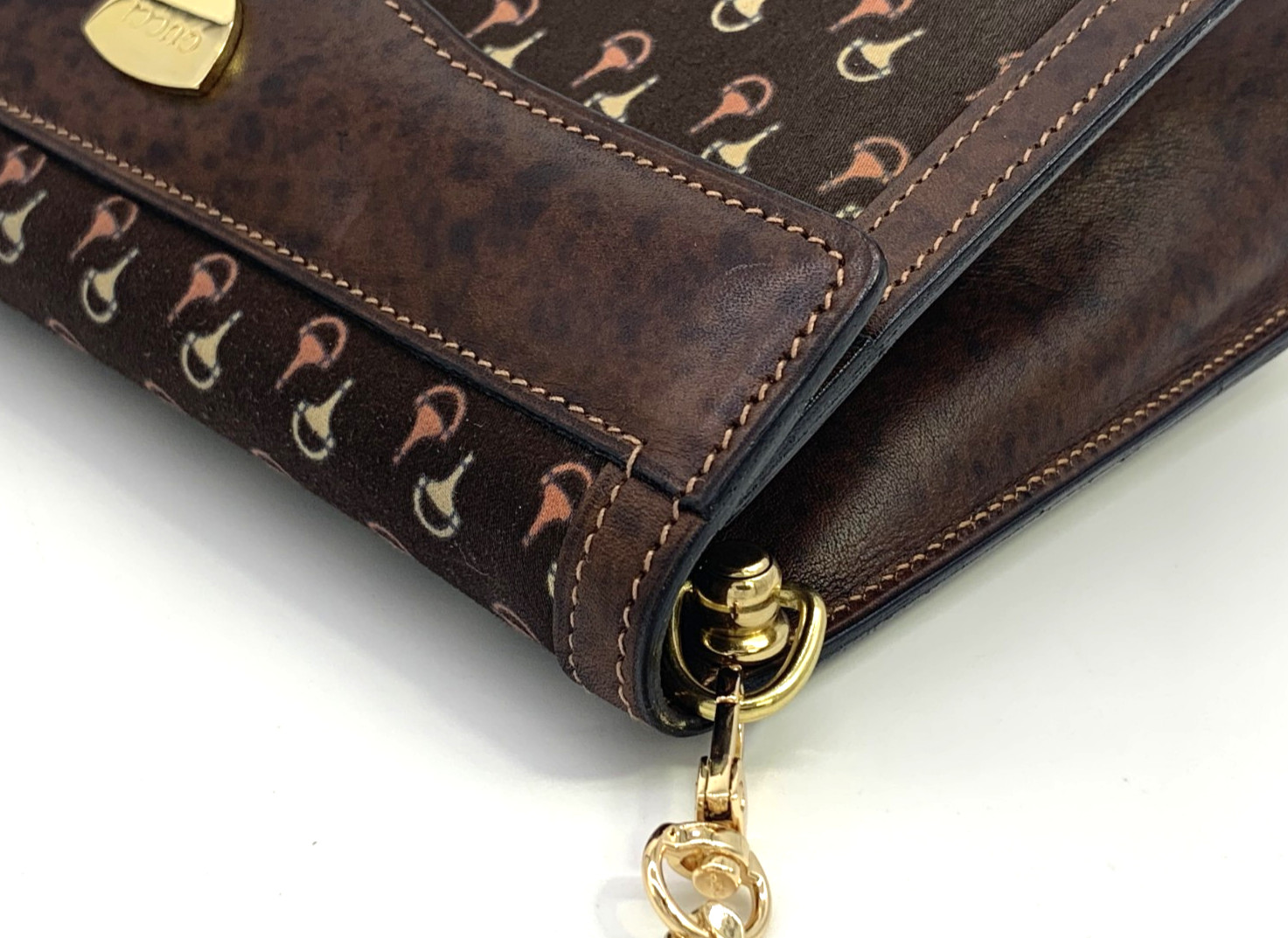 GUCCI VINTAGE Horsebit Chain Strap Shoulder Bag Flap Canvas Brown Authentic