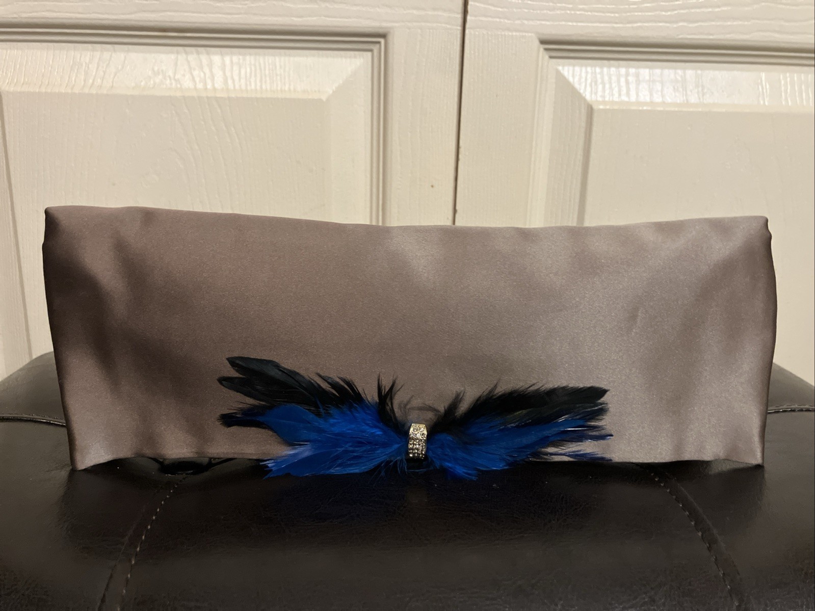 J Crew NWOT Champaign’s Silk Satin Envelope Clutch Bag Royal Blue Feathers Rhine