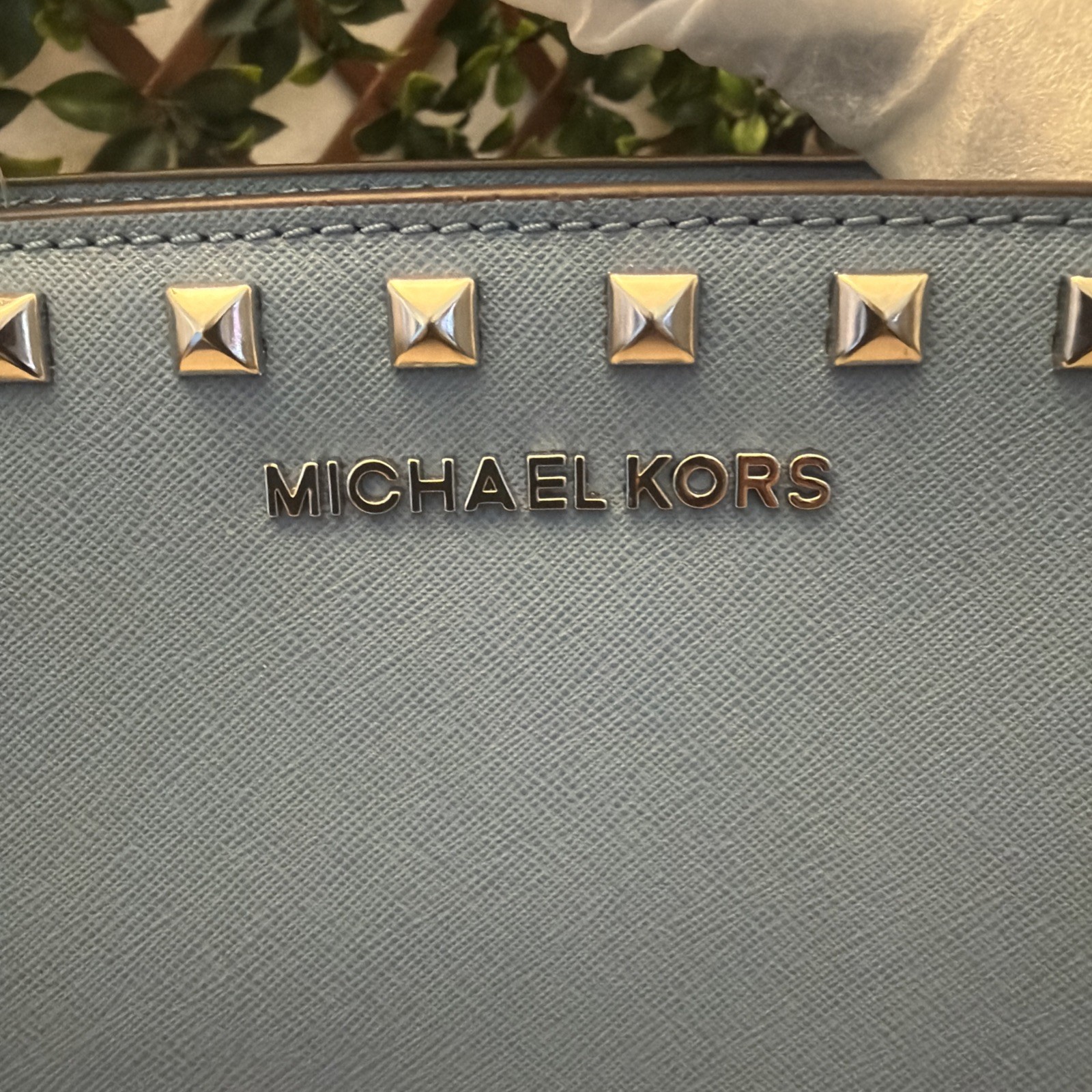 NWT Michael Kors Selma Stud Medium Sky Blue Leather Crossbody Bag
