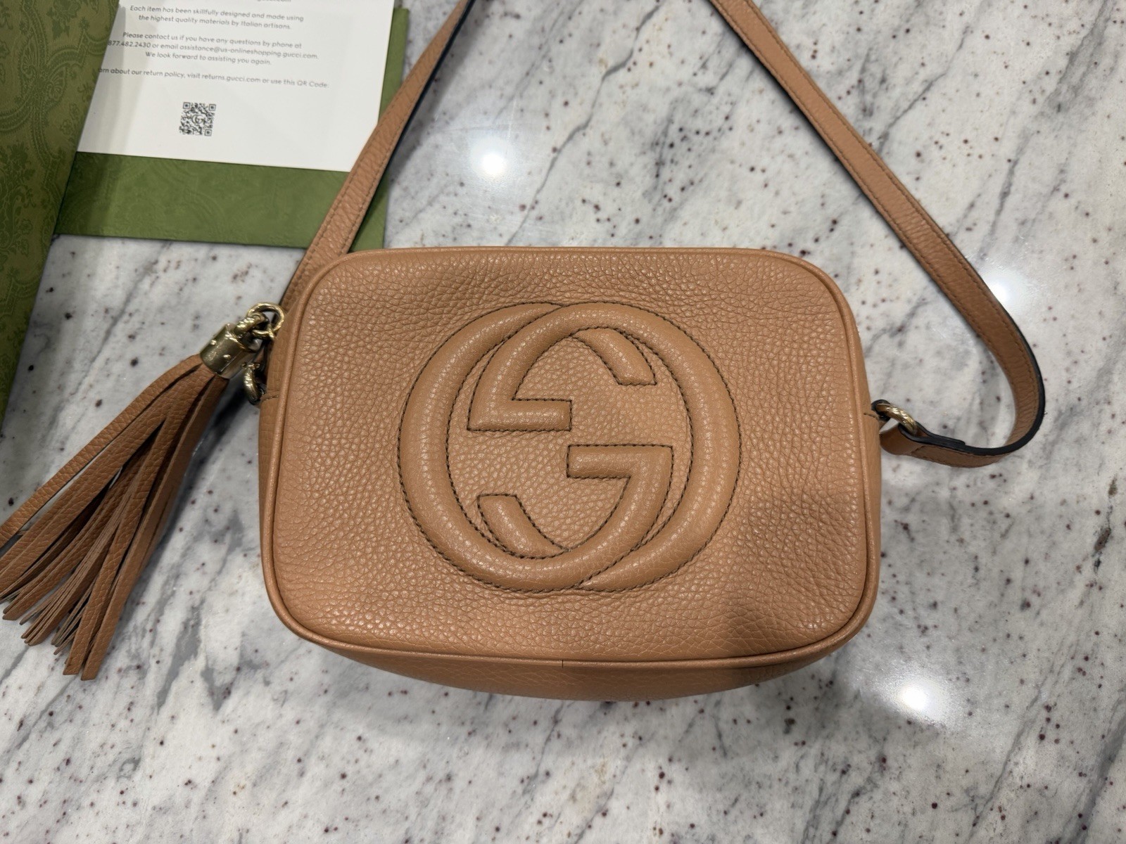 Gucci Soho Disco Brown Crossbody Bag Pebbled Logo Tassel Zip w/ Dust Bag Box.