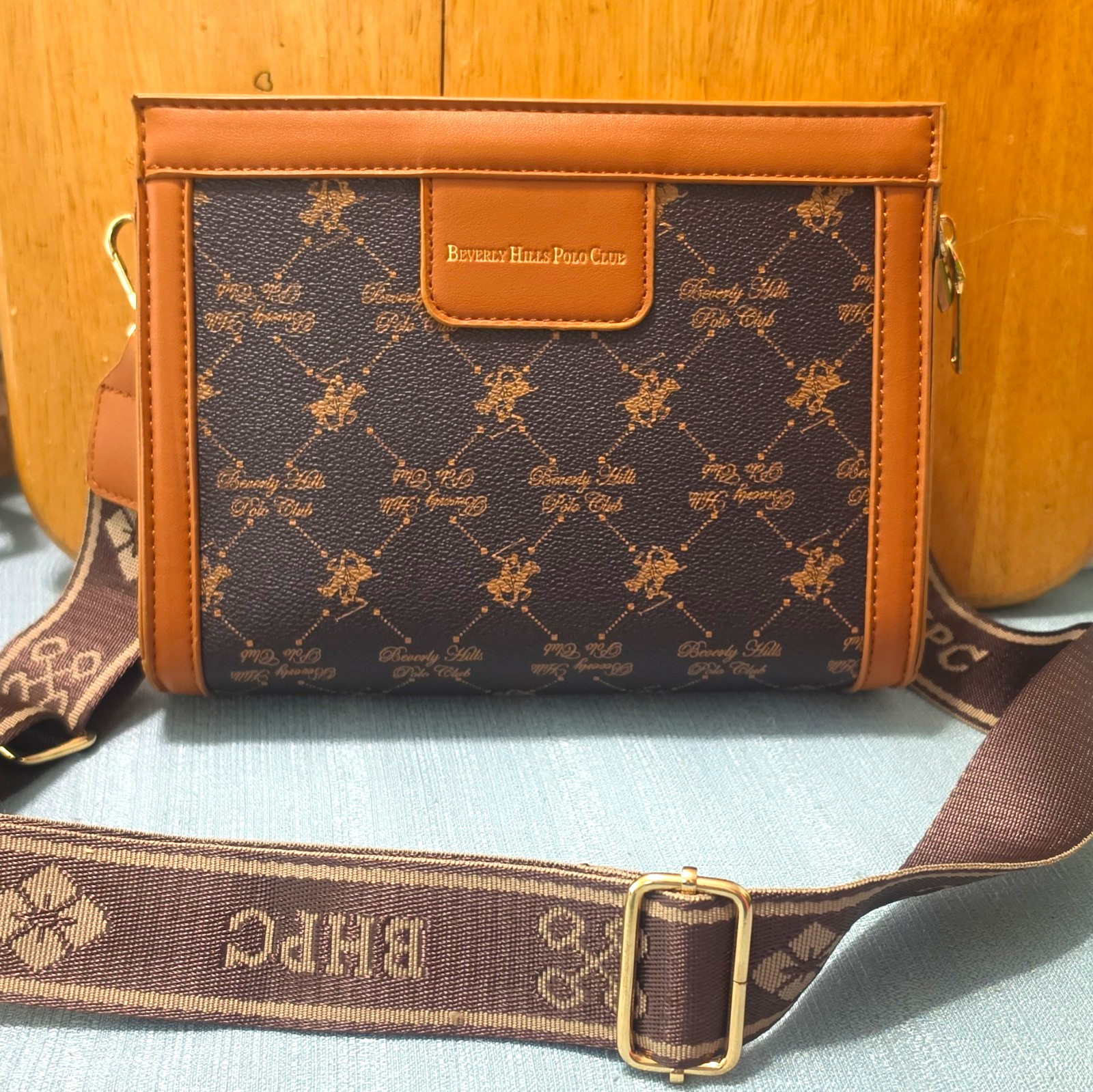 Beverly Hills Polo Club Brown Monogram Crossbody Zip Adjustable Strap