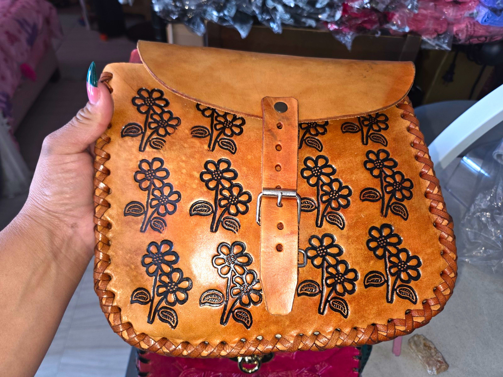 Brown Floral Tooled Handmade Vintage Shoulder Bag Buckle Closure Adjustable