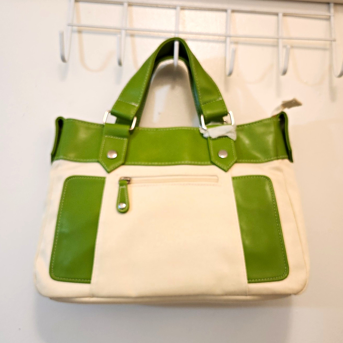 Green/Ivory Colorblock Top Handle Bag Zip Closure Double Handles Silver HW