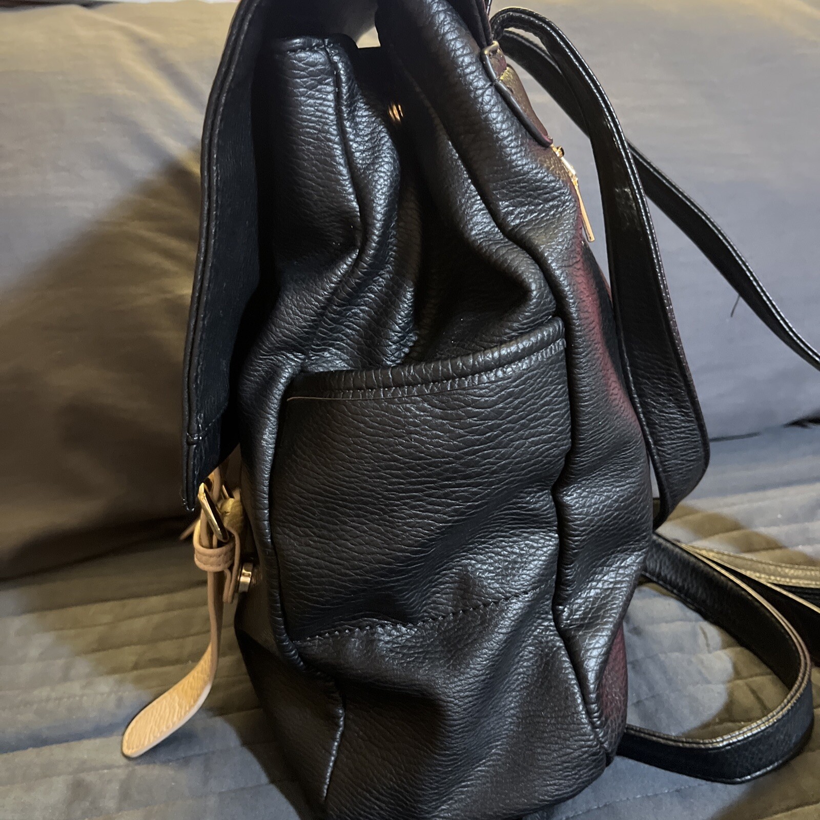 Madison West Backpack Messenger Bag Black Vegan Leather Pebbled Lots Of Pockets