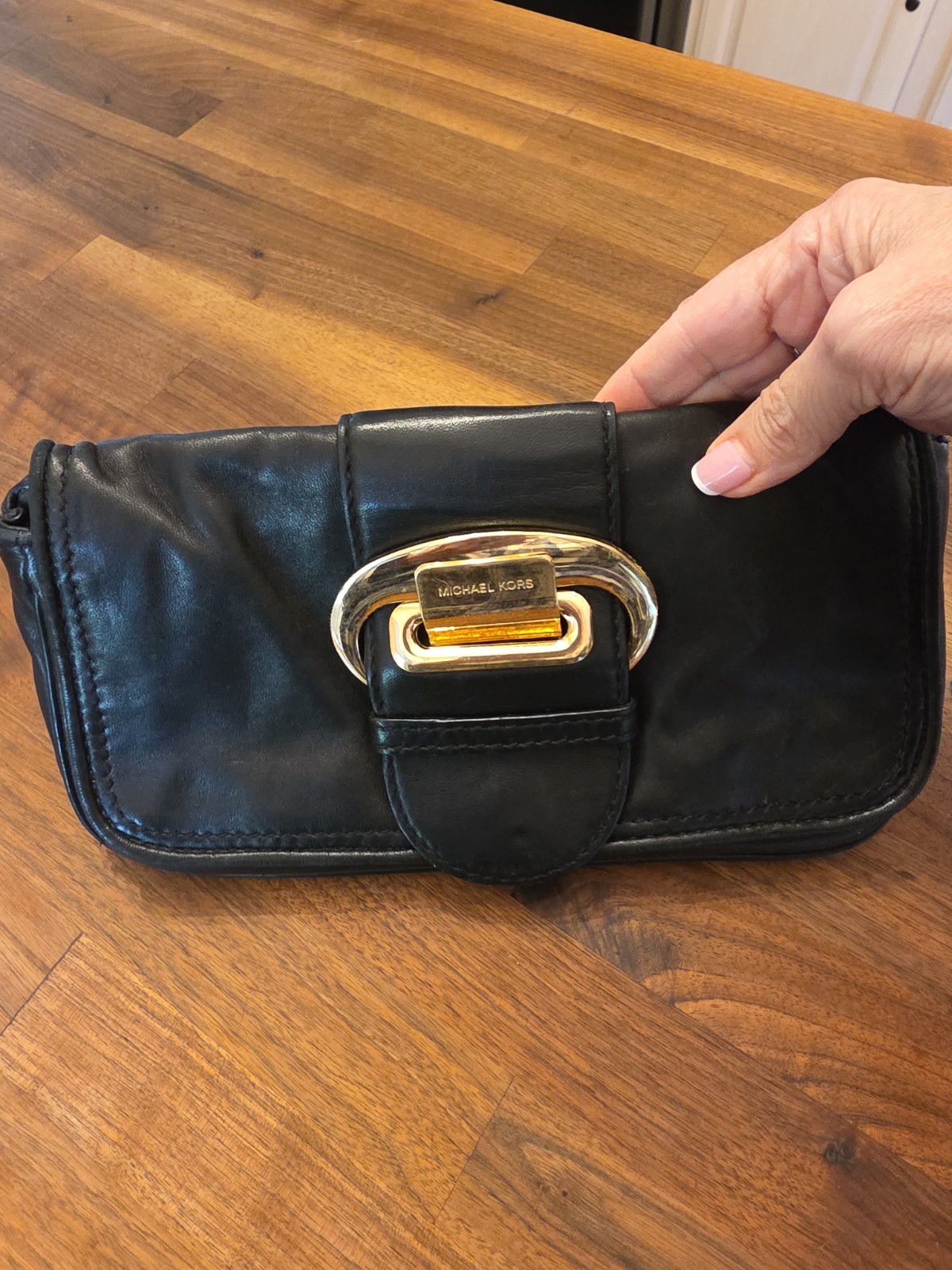 Vintage Michael Michael Kors Black Leather Clutch Bag w/Gold Buckle Snap Close