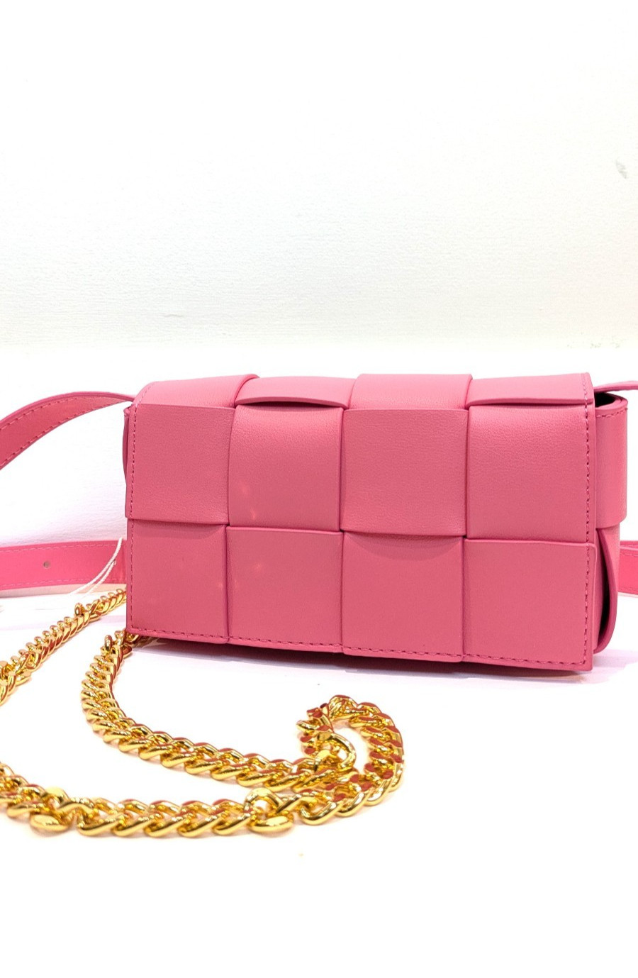 Mini Cassette Style Pink Woven Leather Belt Bag With Gold Chain