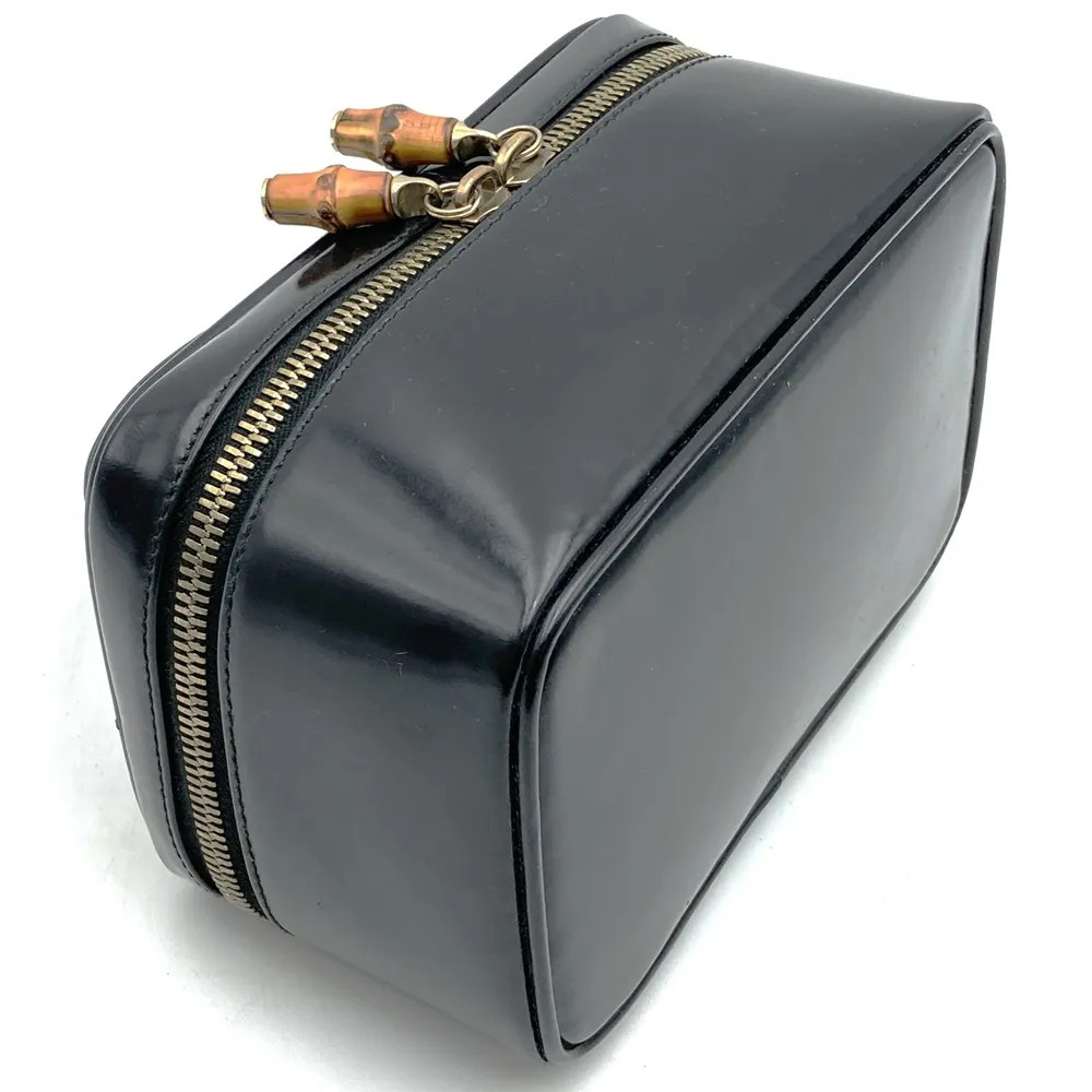 GUCCI Bamboo Vanity Bag Pouch Black Patent Leather Makeup Box 6.3×3.15×3.94 in