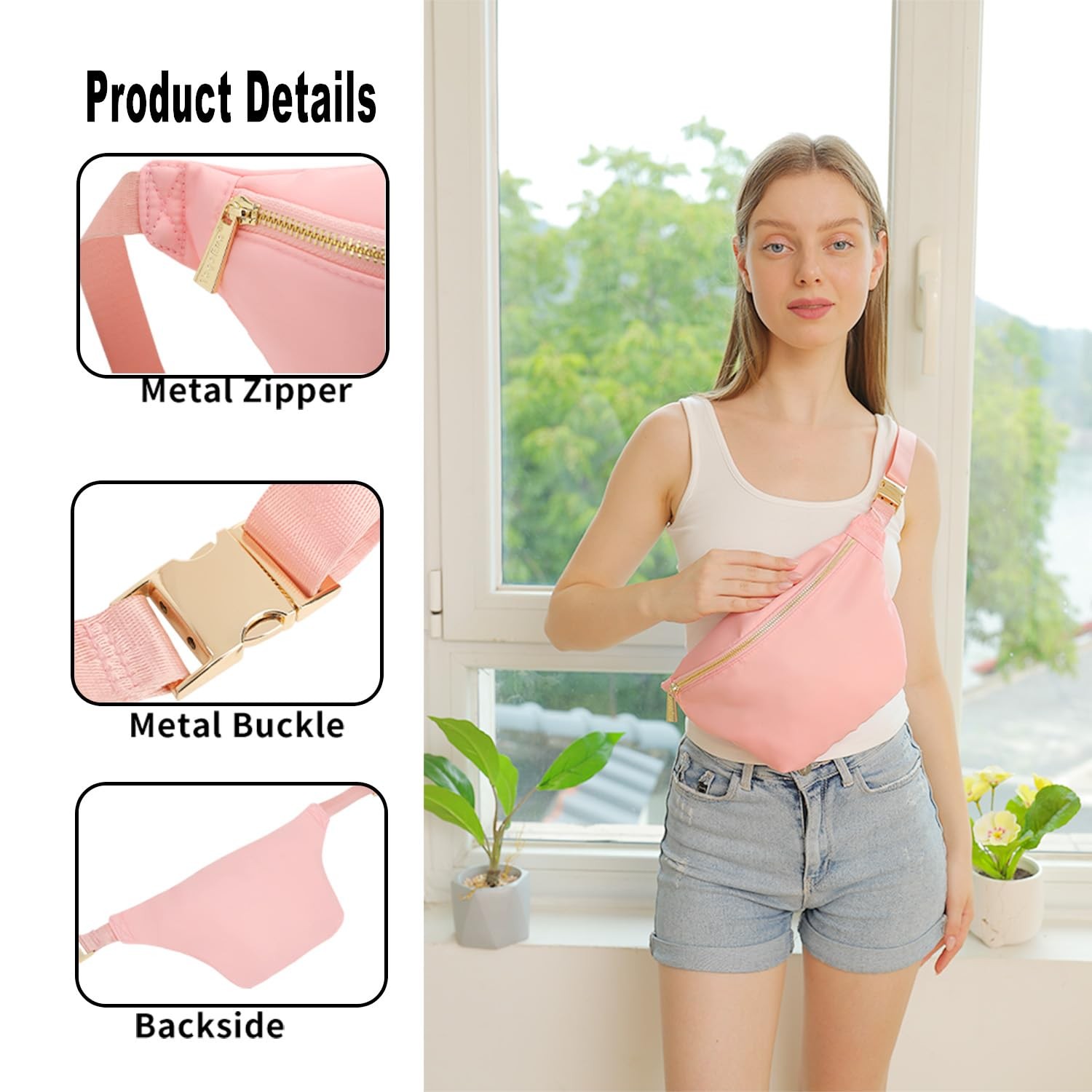 Pink Women Waist Fanny Pack Belt Travel Crossbody Bag Nylon Sling Purse