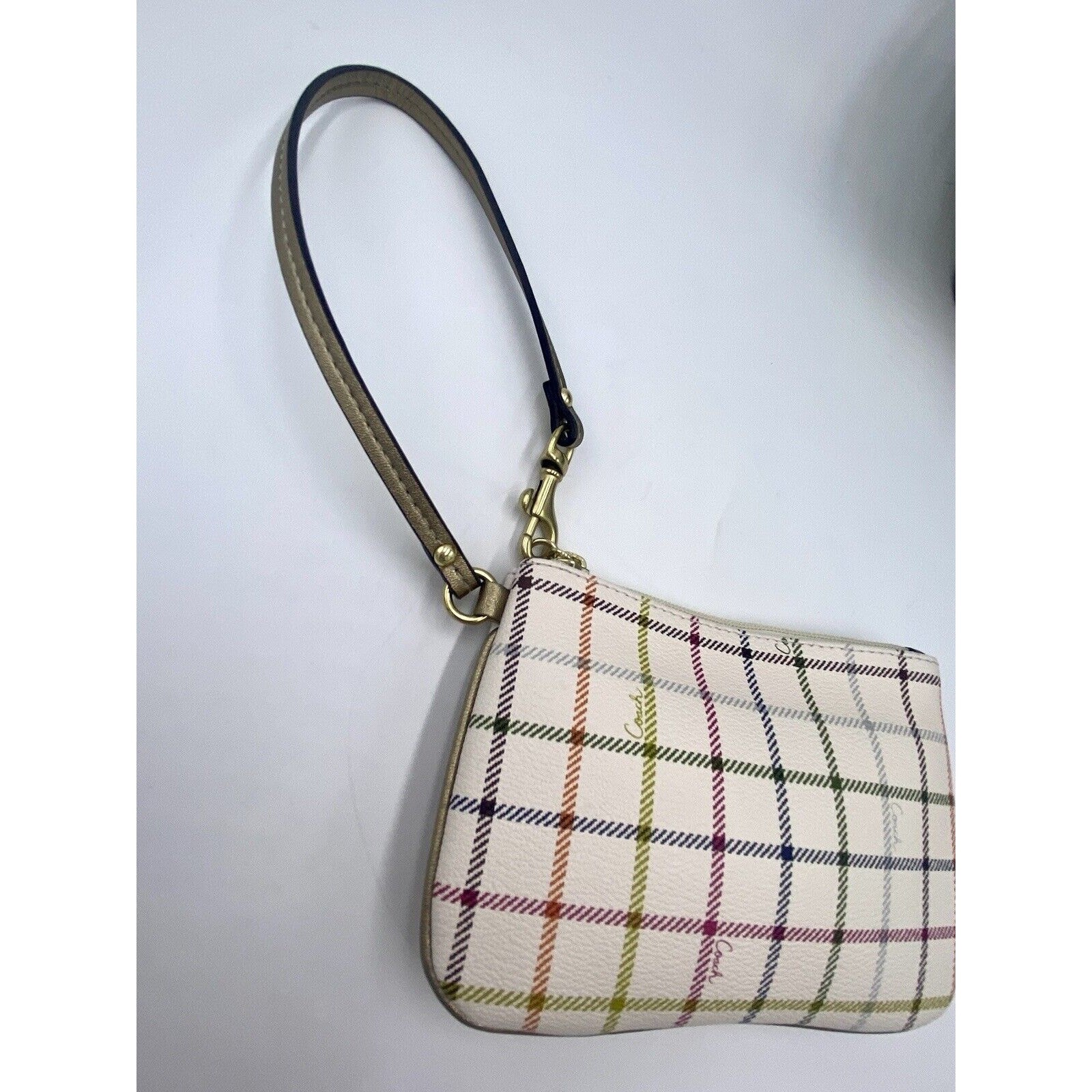 Coach Peyton Heritage Multicolor Tattersall Logo Script Wristlet Pouch