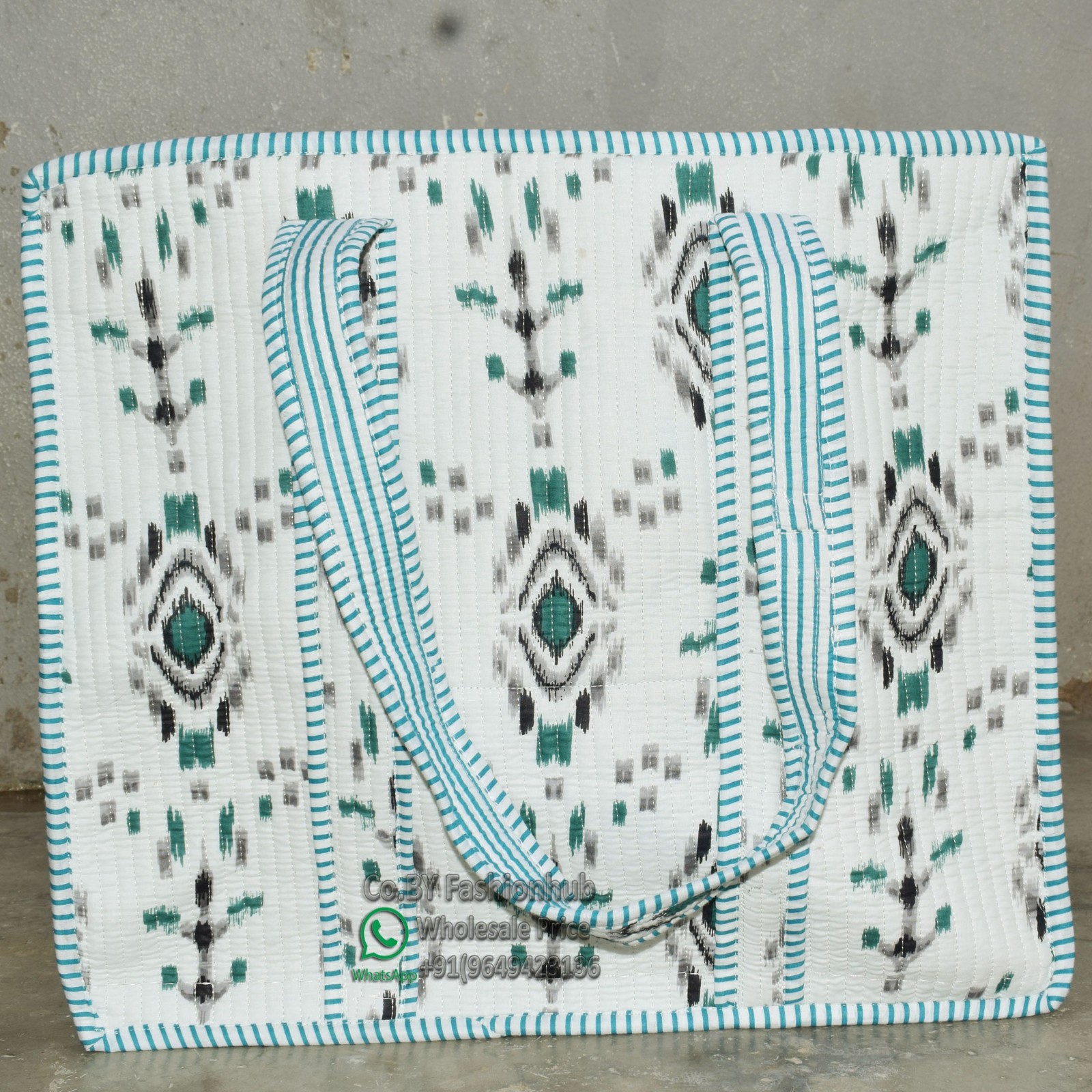 Handmade Quilted Ikat Tote Bag Geometric Cotton Handbag Vintage Bohemian Bags