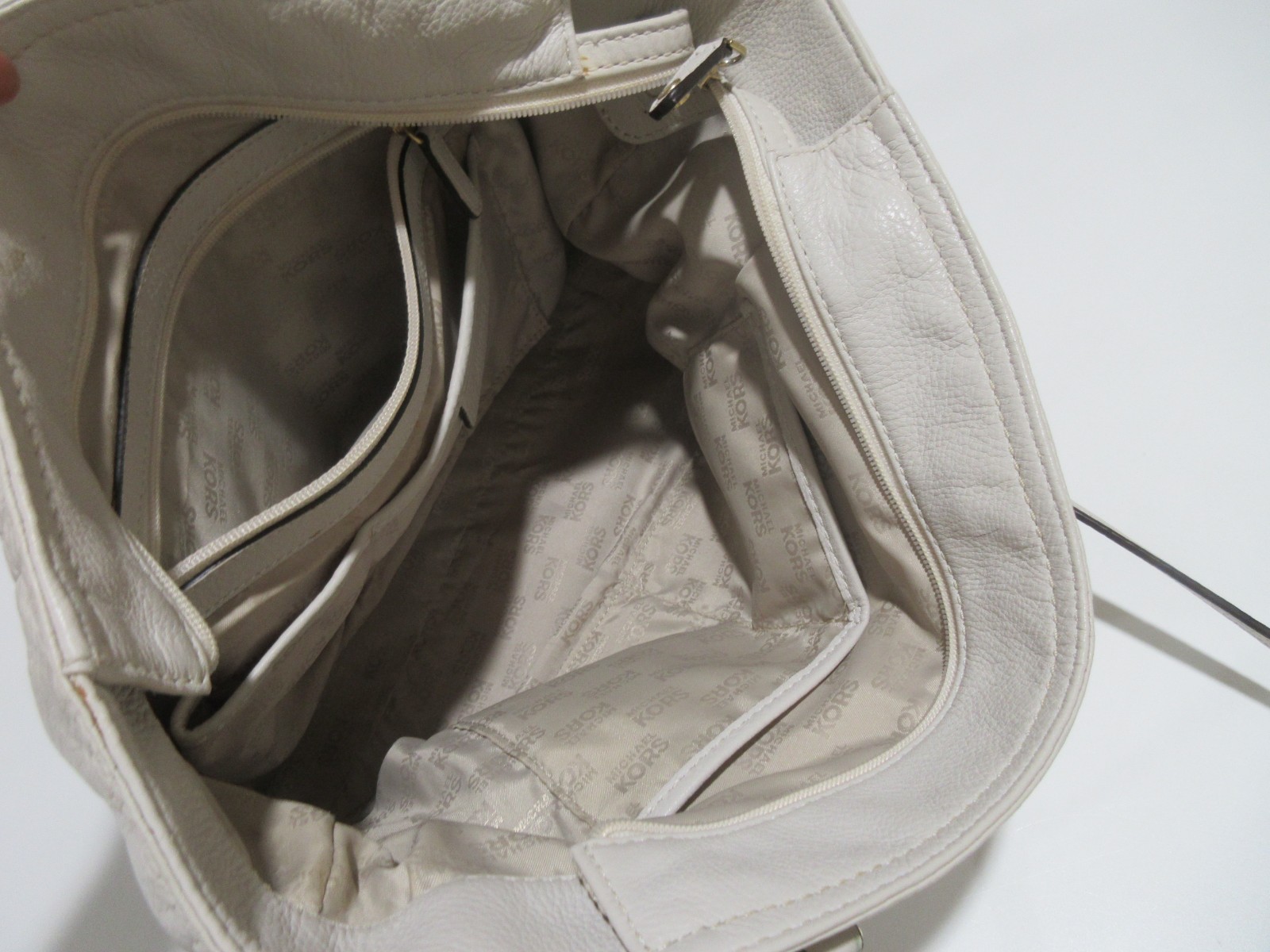 16″ Michael Kors Oatmeal Beige Pebbled Leather Tote Bag Shoulder Chain ZIPPER