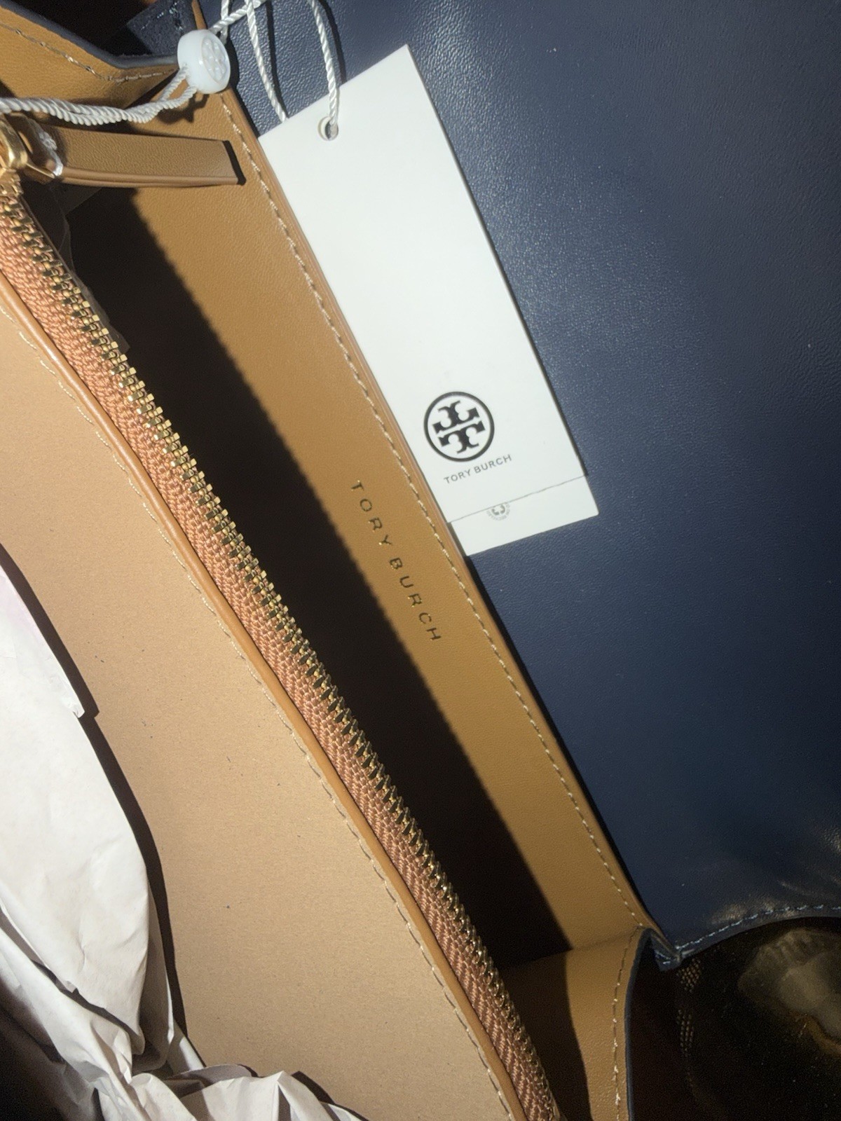 Tory Burch Navy/Beige Monogram Small Crossbody, Adjustable Strap, Dust Bag