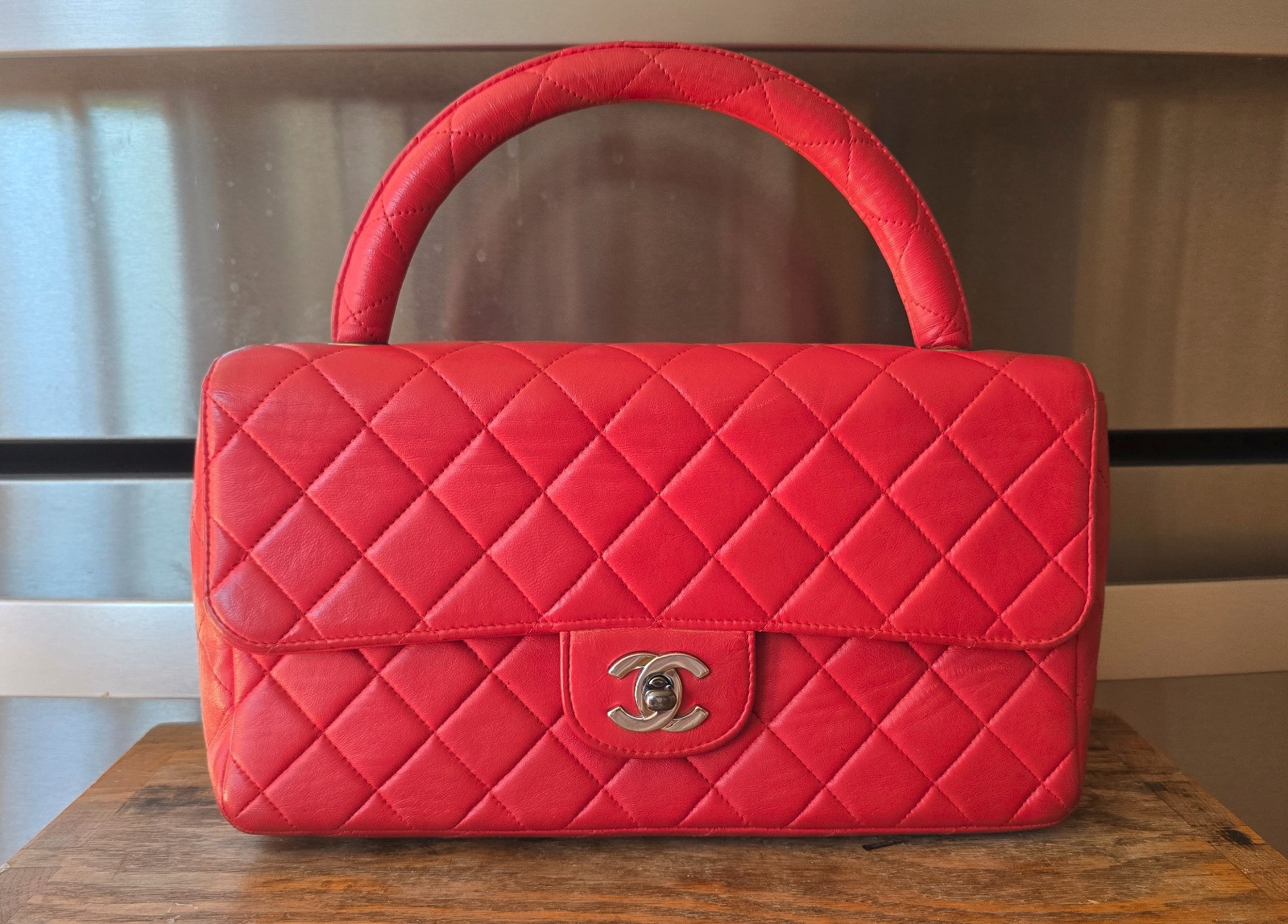 Chanel Kelly Parent Flap Bag Matelassé Lambskin W Red Top Handle Authentic Card