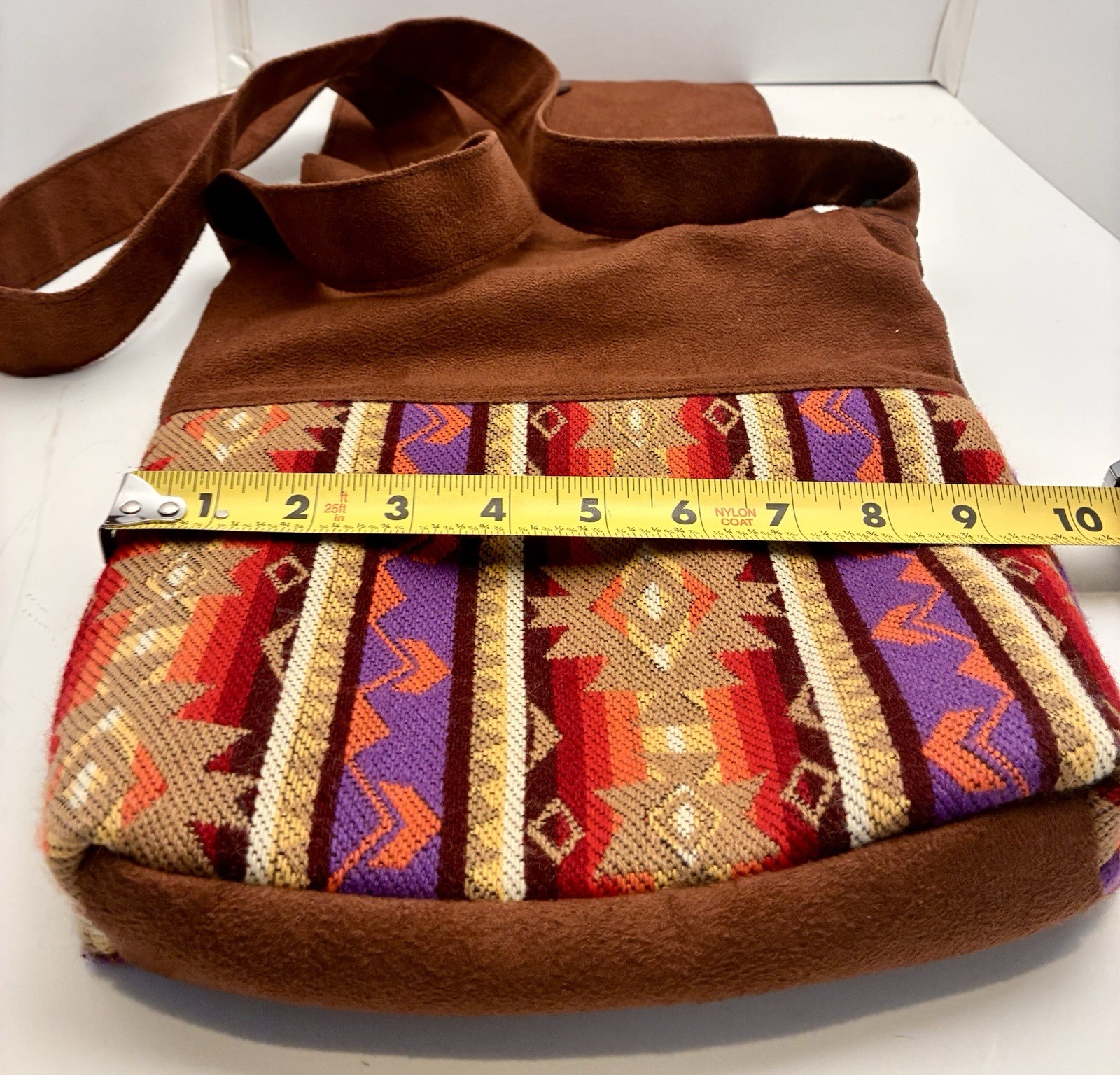 Handmade Brown Geometric Boho Crossbody Bag Button. Zip Closure Faux Suede Lined
