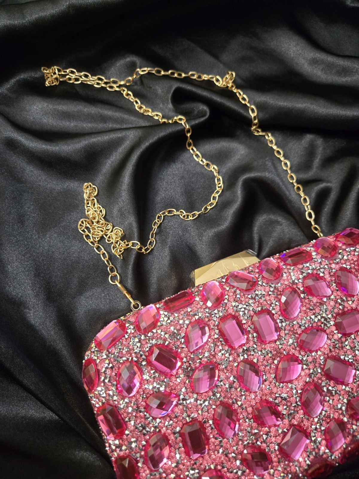 Pink Crystal Rhinestone Rectangle Clutch, Gold Chain Shoulder Strap, Clasp