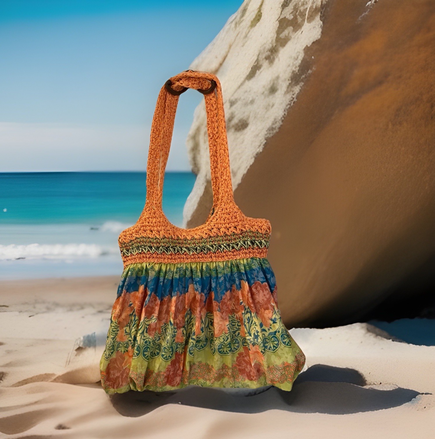 Blue Miami Boho Multicolor Orange Green Fabric Purse Beach Bag Tote Beaded EUC