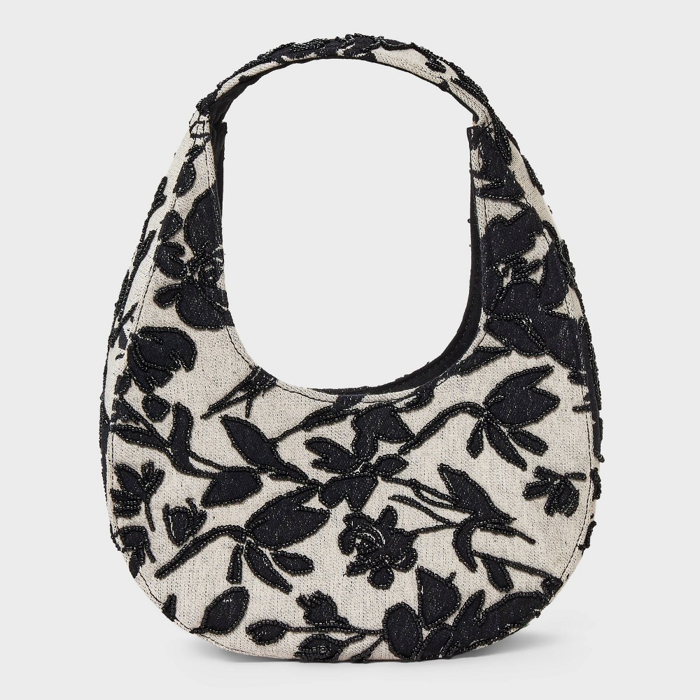 A New Day Mini Beaded Crescent Handbag Off-White Black Floral Pattern