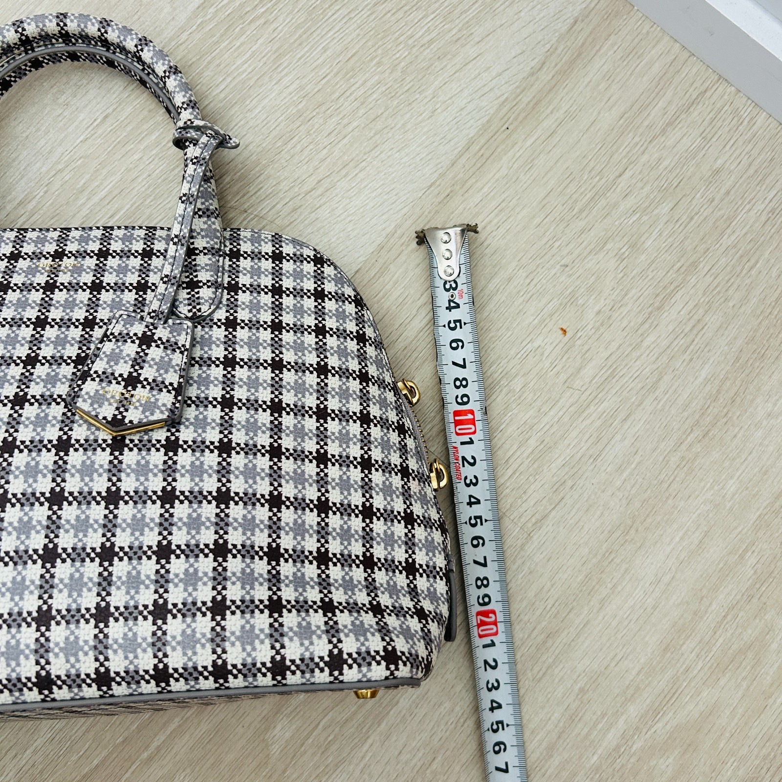 Oroton Maison Griptop Plaid Genuine Leather Bowling Bag Shoulder Strap Zip Top