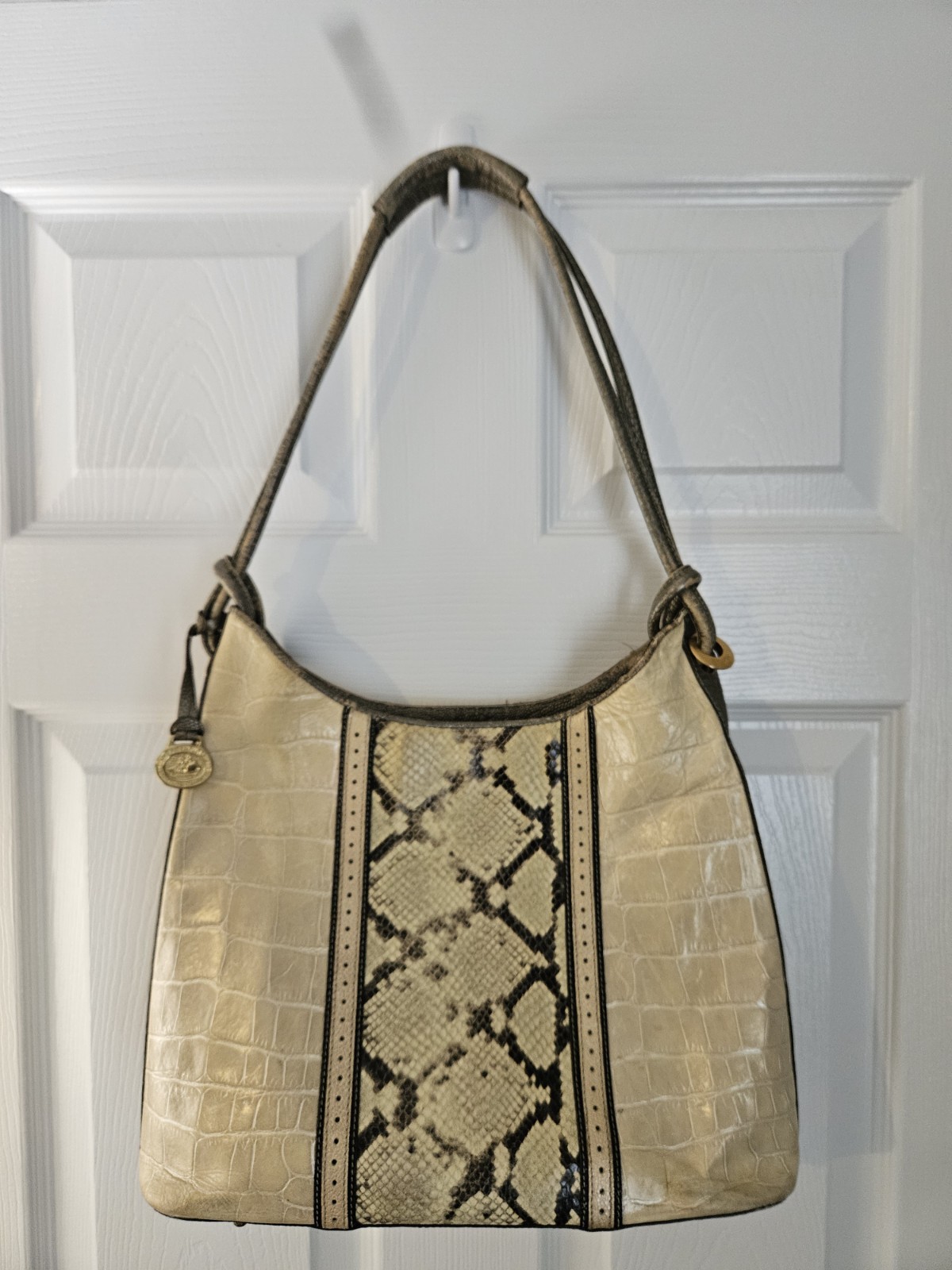 Brahmin Tabitha shoulder bag cream leather W/ central snakeskin-embossed panel