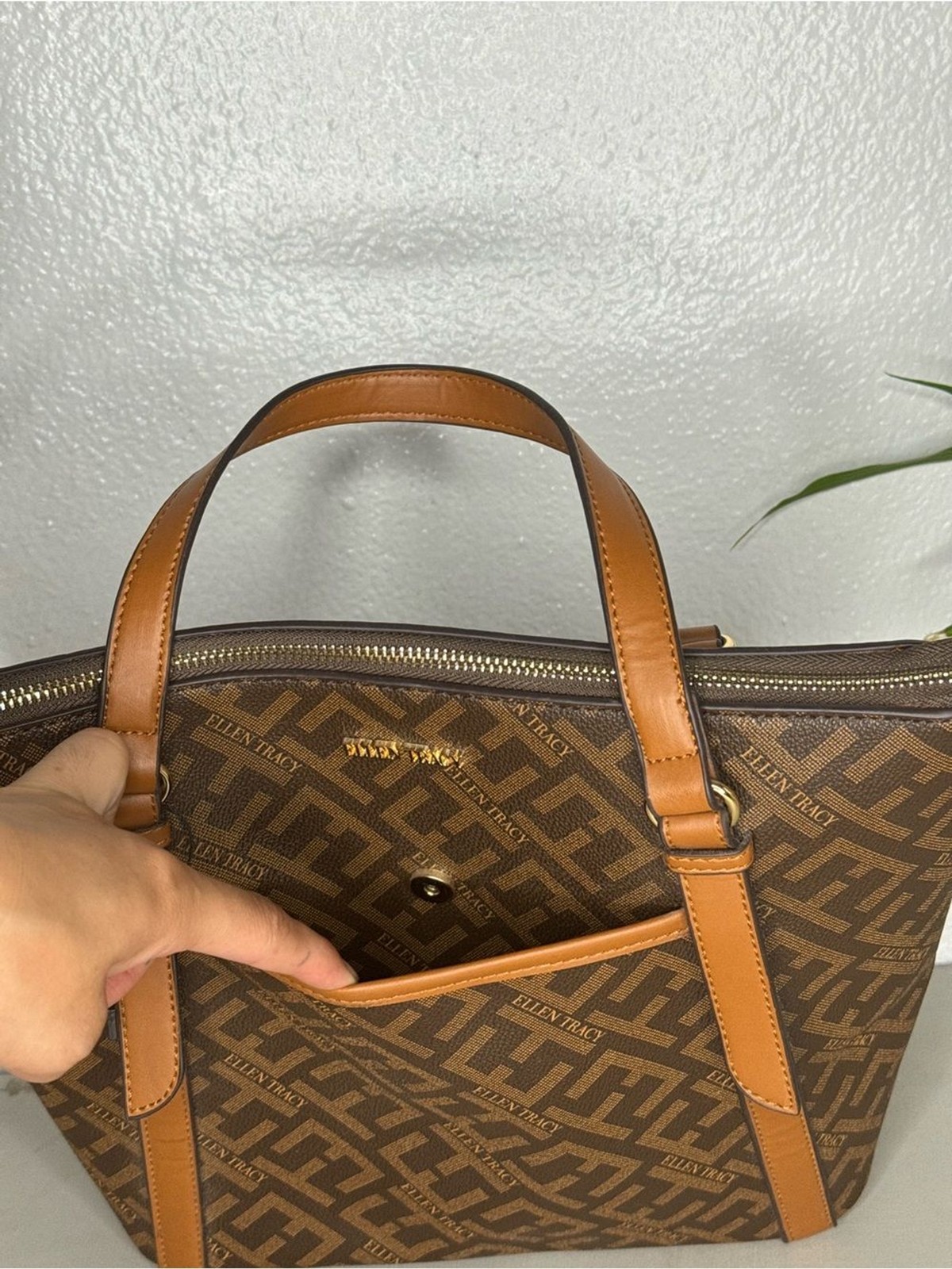 Ellen Tracy – Brown Monogram Tote with Tan Trim Brand New Bag