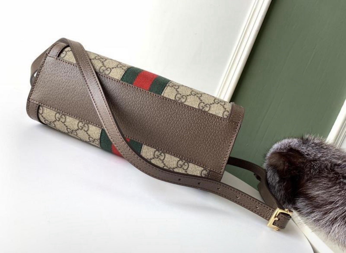 Gucci GG Monogram Web Stripe Satchel Top Handle Crossbody Bag w/Detachable Strap