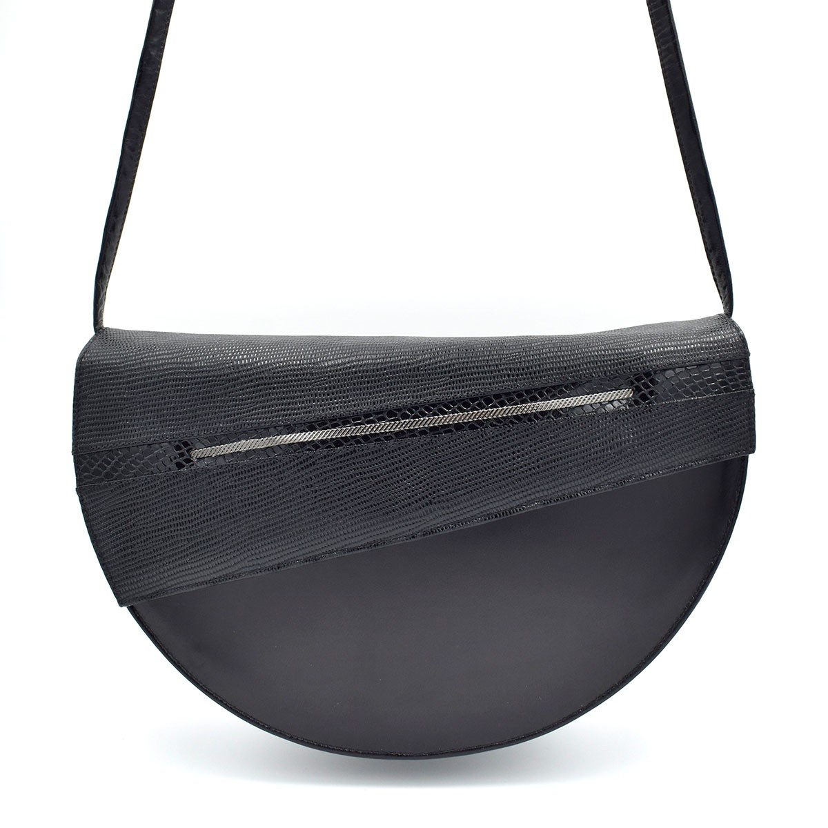 Vtg 80s STUART WEITZMAN Black Leather/Lizard Half Circle Shoulder Bag Handbag