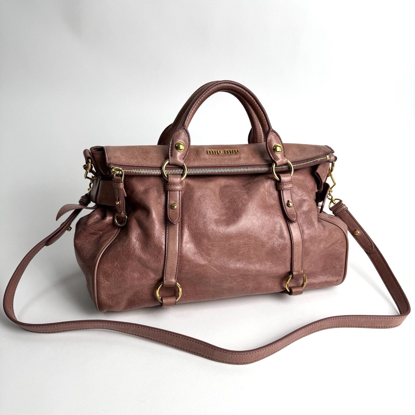 Auth Miu Miu Vitello Lux Ribbon Pink Leather 2Way Shoulder Handbag Y2K e108