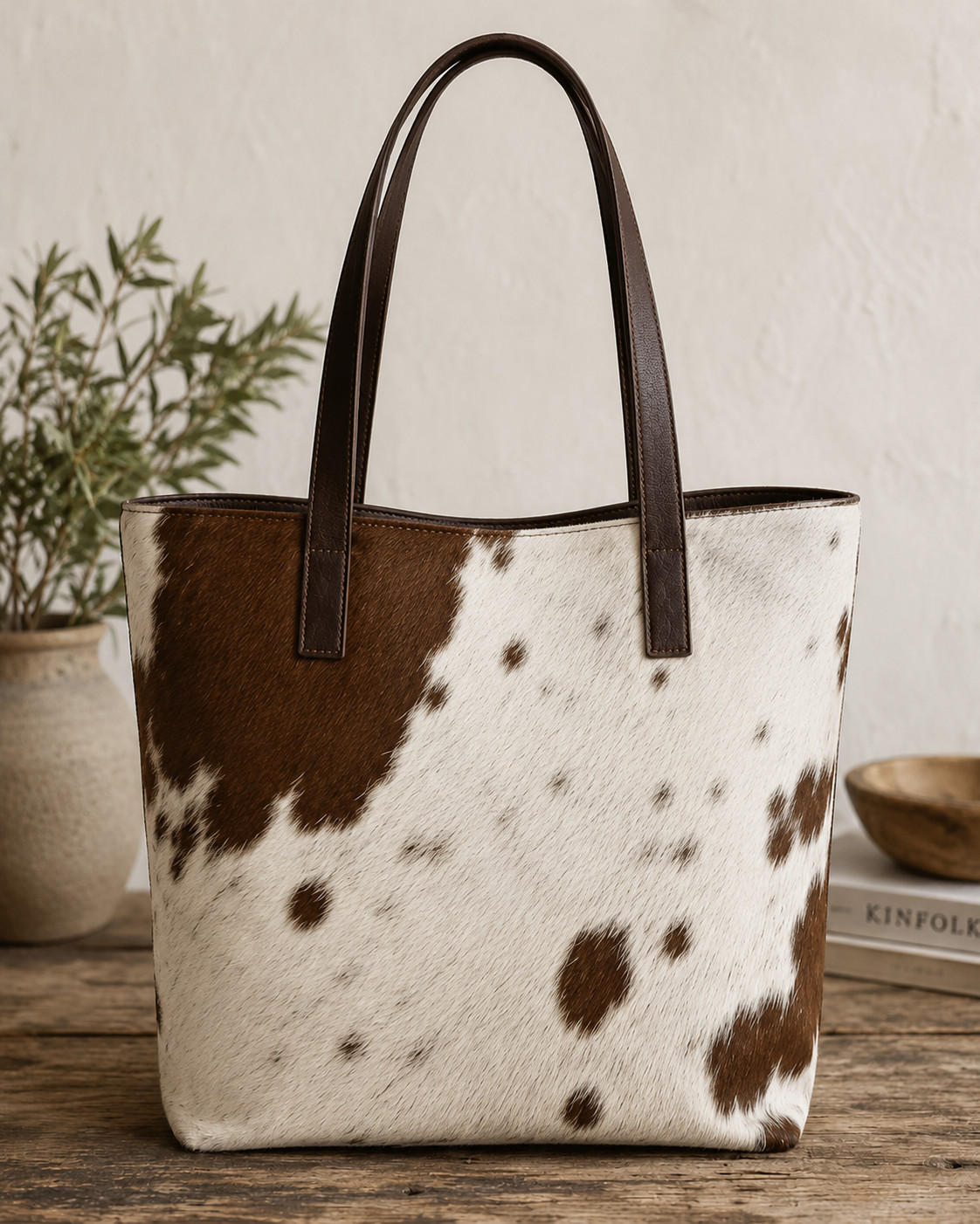 Genuine Cowhide Leather Tote Bag Handmade Hair On Hide Shoulder Handbag Brown