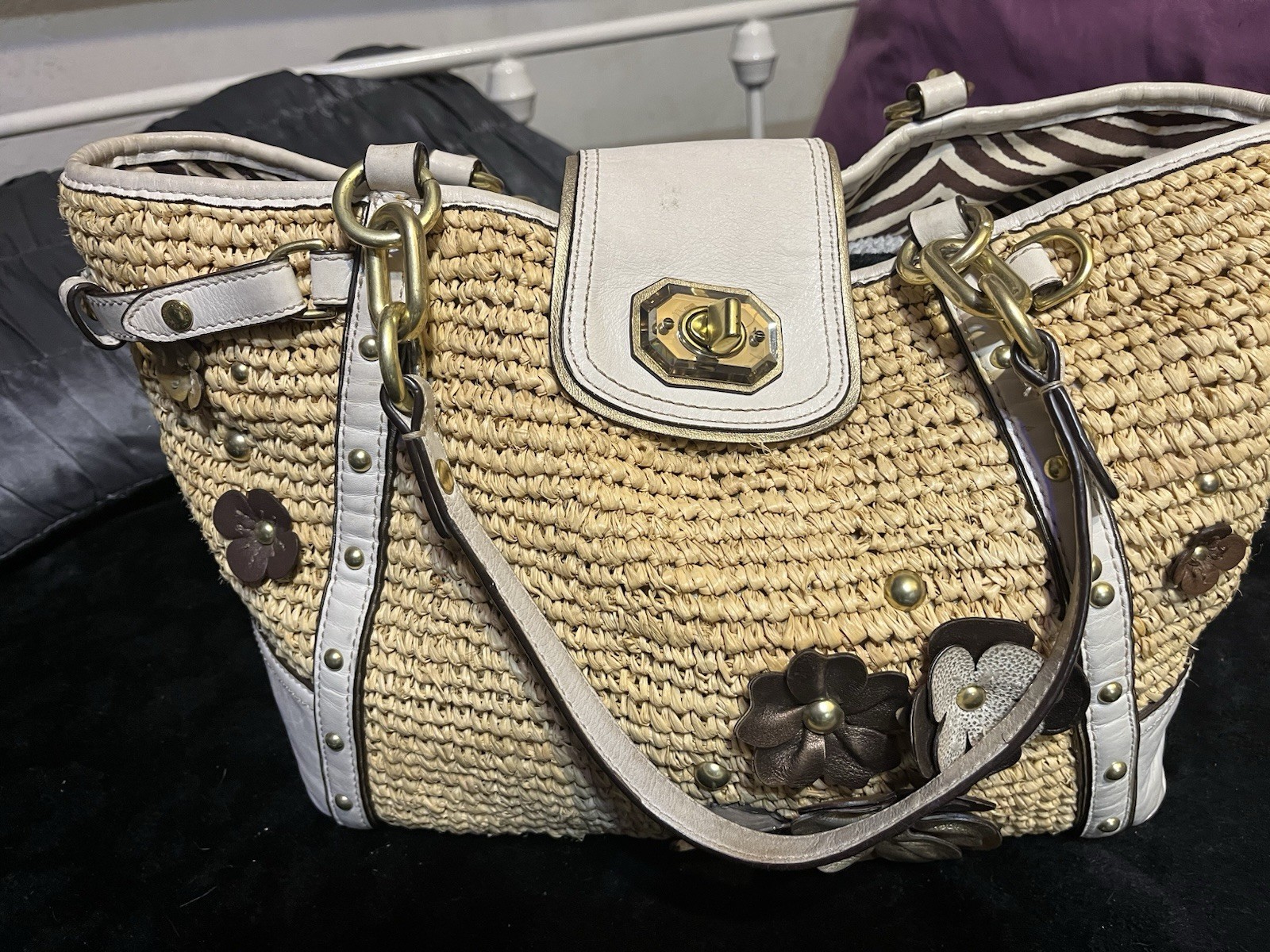 Vintage Coach Natalie Hamptons Straw Floral Tote Bag Zebra Lining 16763 RARE