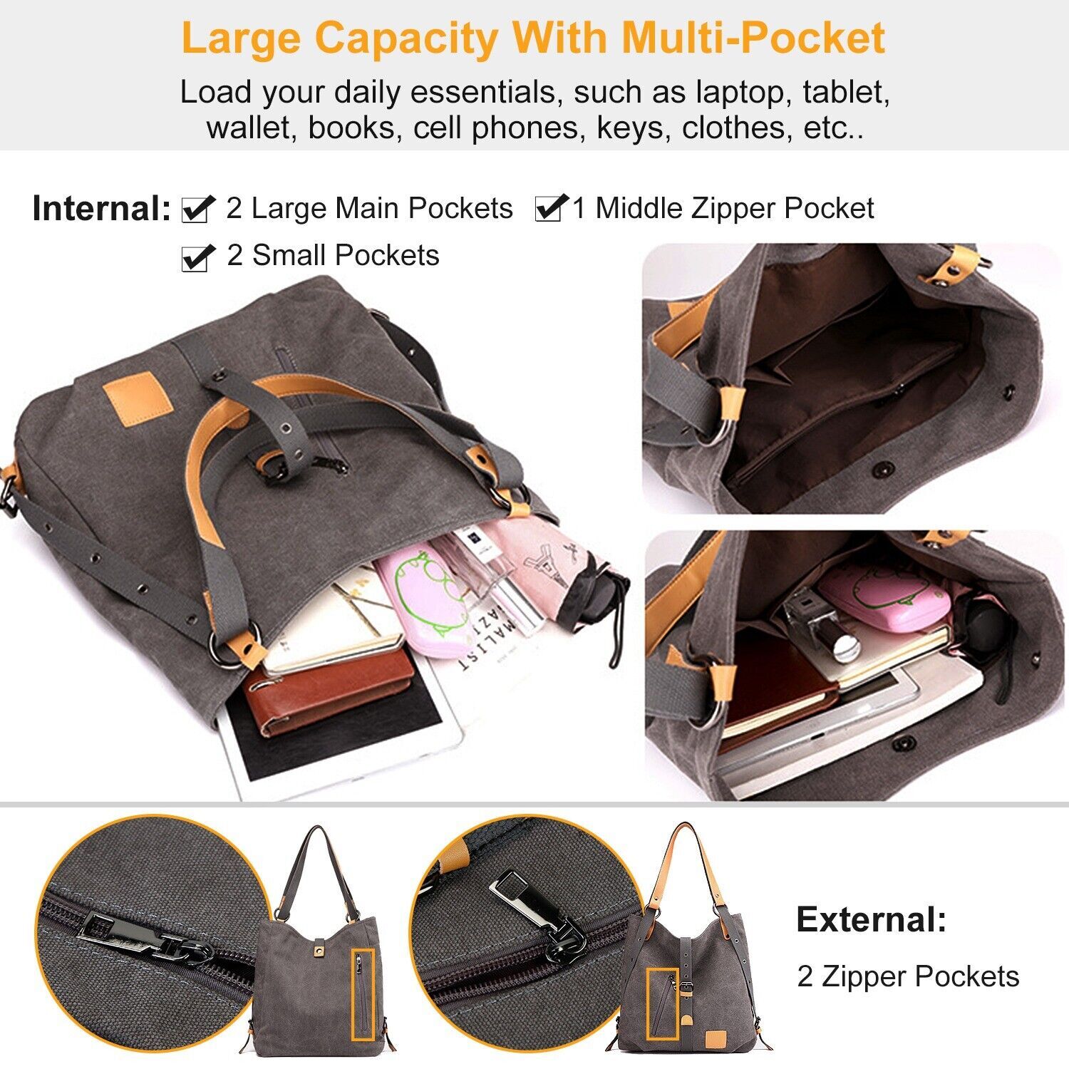 Women Handbag Shoulder Bags Tote Purse Canvas Lady Adjustable Hobo Bag Backpack