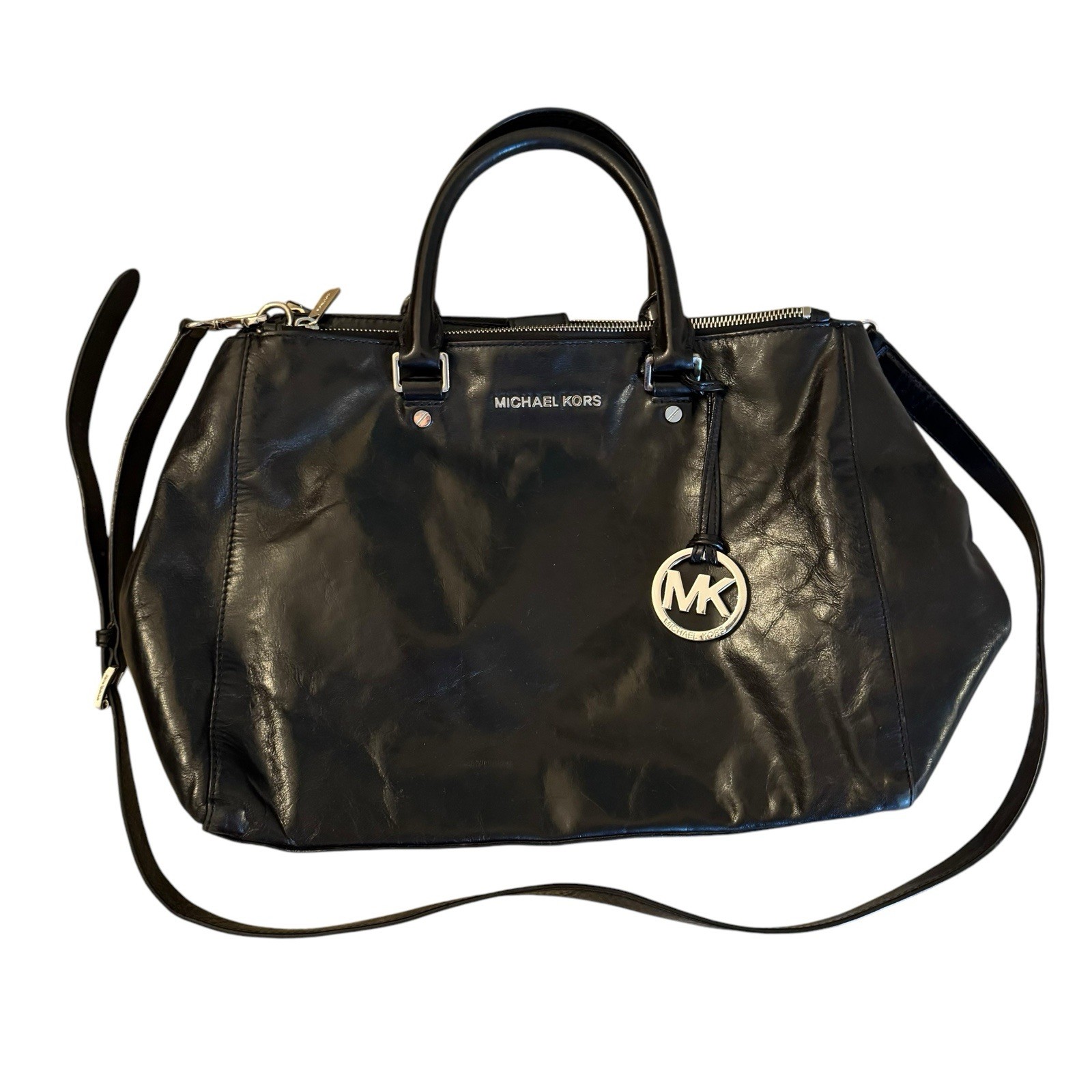 Michael Kors Medium Sutton Satchel Tote Bag Shiny Black Leather Work Carryall