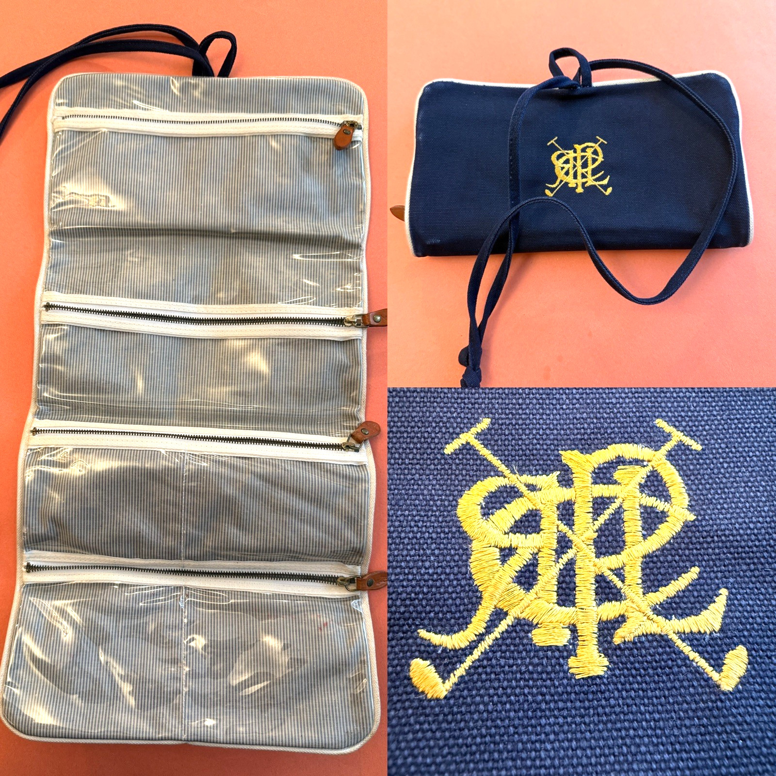 POLO RALPH LAUREN Travel hanging Toiletry bag, Navy Canvas Gold Embroid Logo