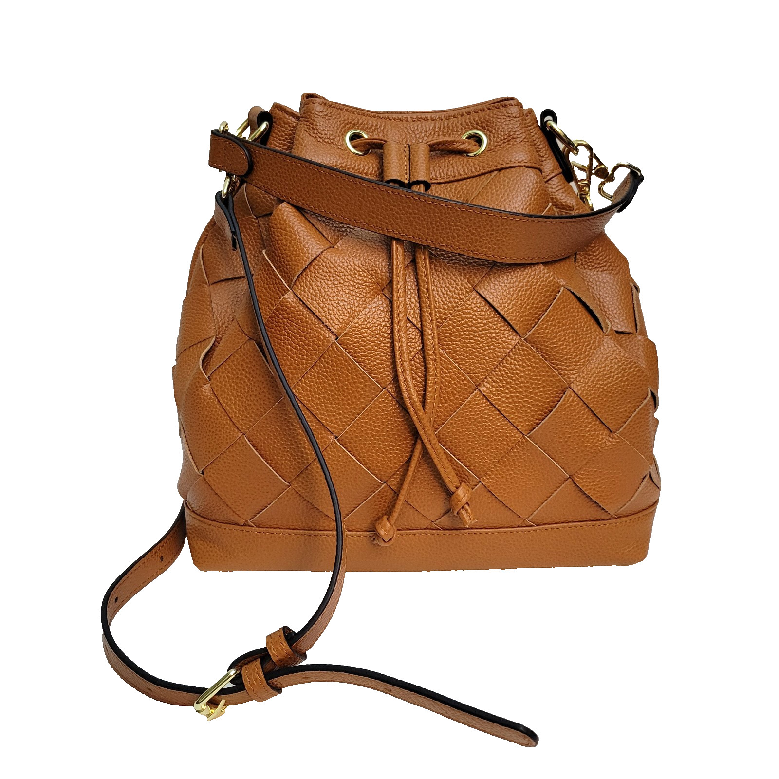 Kattee Woven Leather Bucket Bag Drawstring Brown, Hand & Shoulder Carry