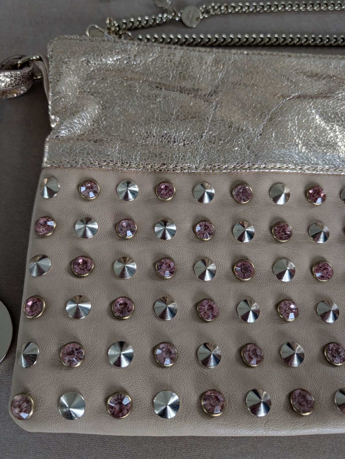 Patrizia Pepe Bedazzled Jeweled Metallic Gold Purse With Chain Strap NEW