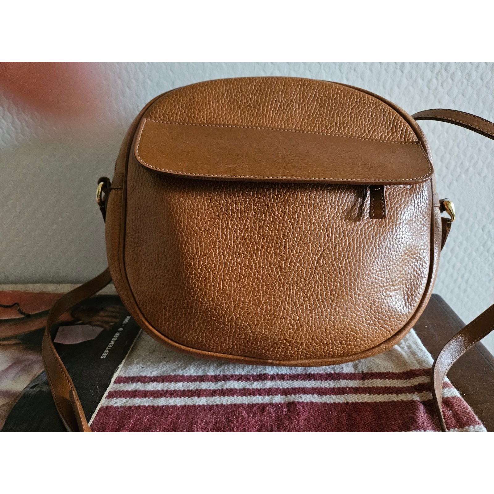 Cole Haan Vintage Cognac Pebbled Leather Crossbody Bag Made in Italy Brown