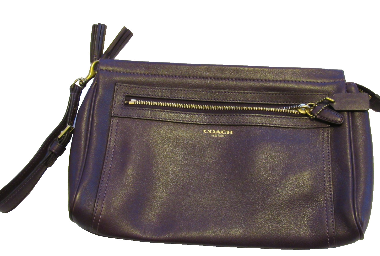 Coach dark purple leather extra large wristlet wallet clutch