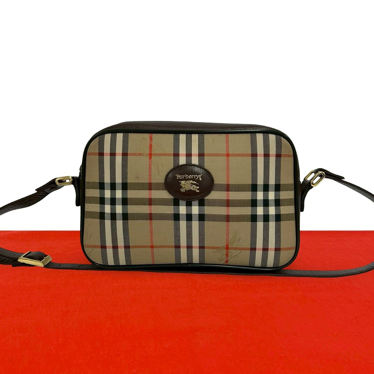 BURBERRY Nova Check Pattern Shadow Horse Logo Shoulder Bag canvas leather Br…