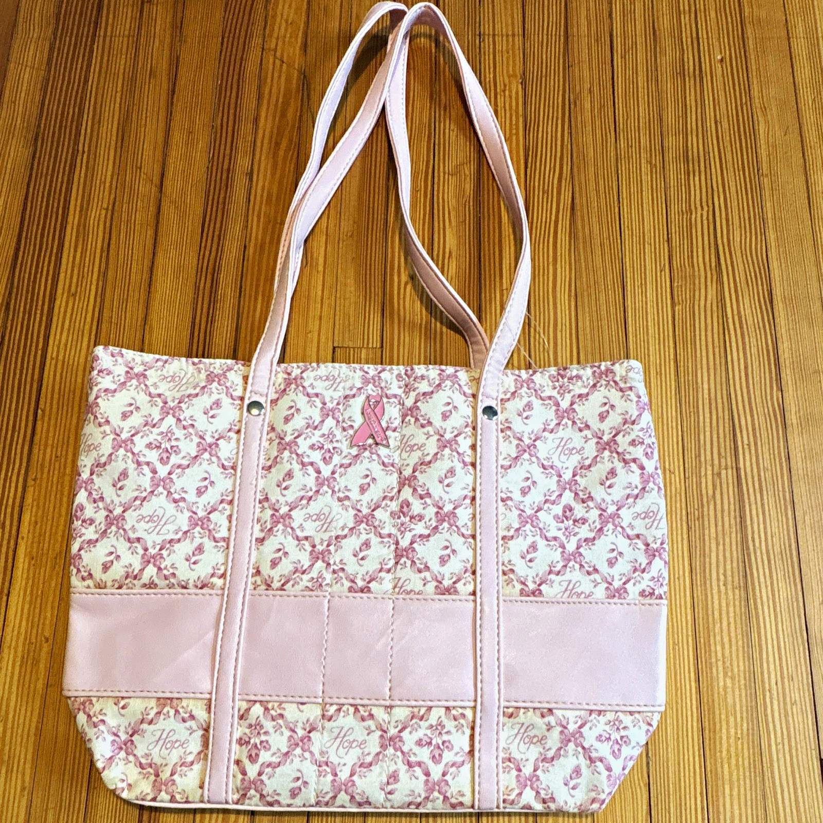 Longaberger Homestead Hope Pink/White Floral Tote Bag, Snap, Pockets, Silver HW