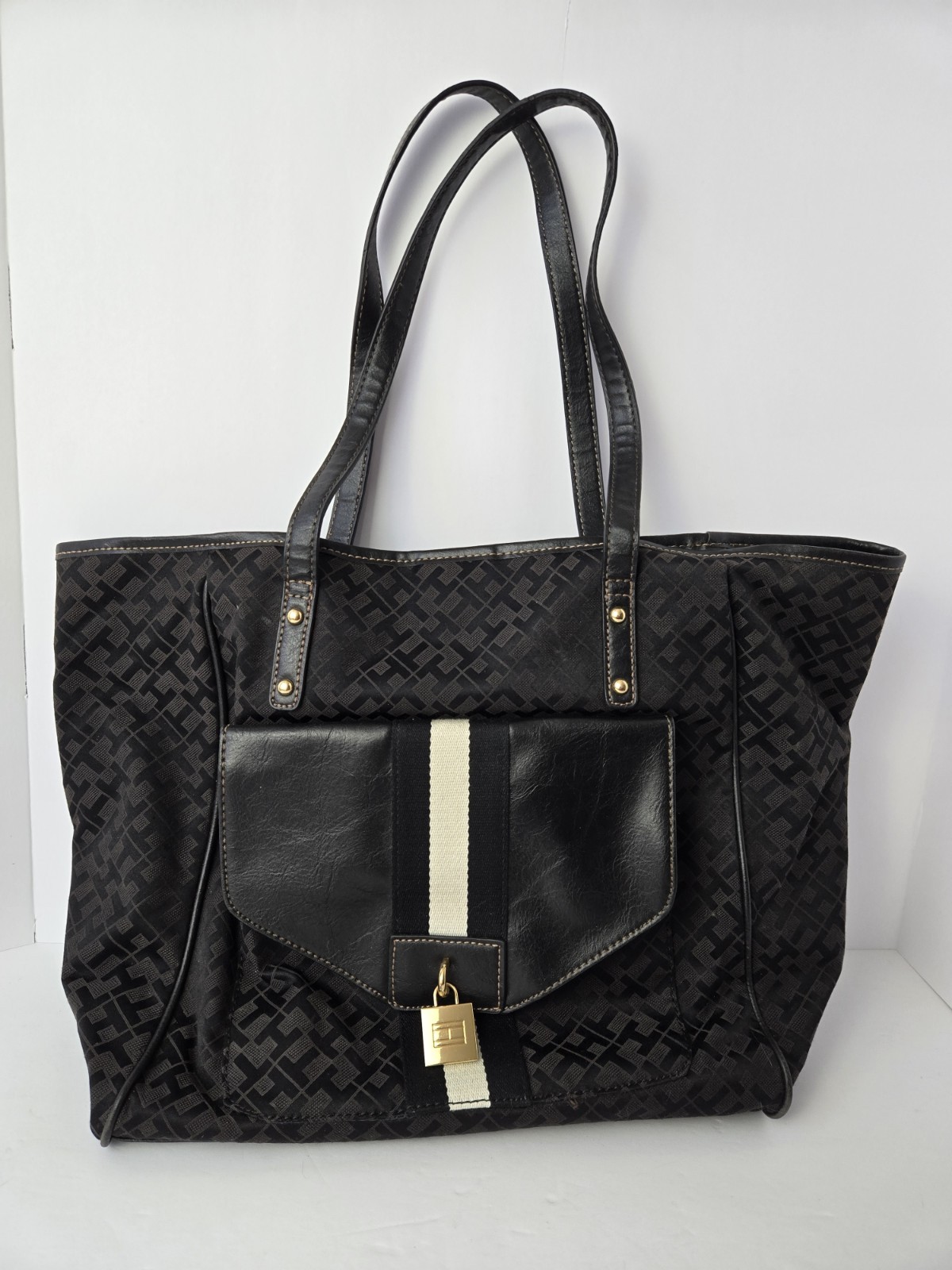 Tommy Hilfiger Gold TH Logo Purse Padlock Charm Bag black white