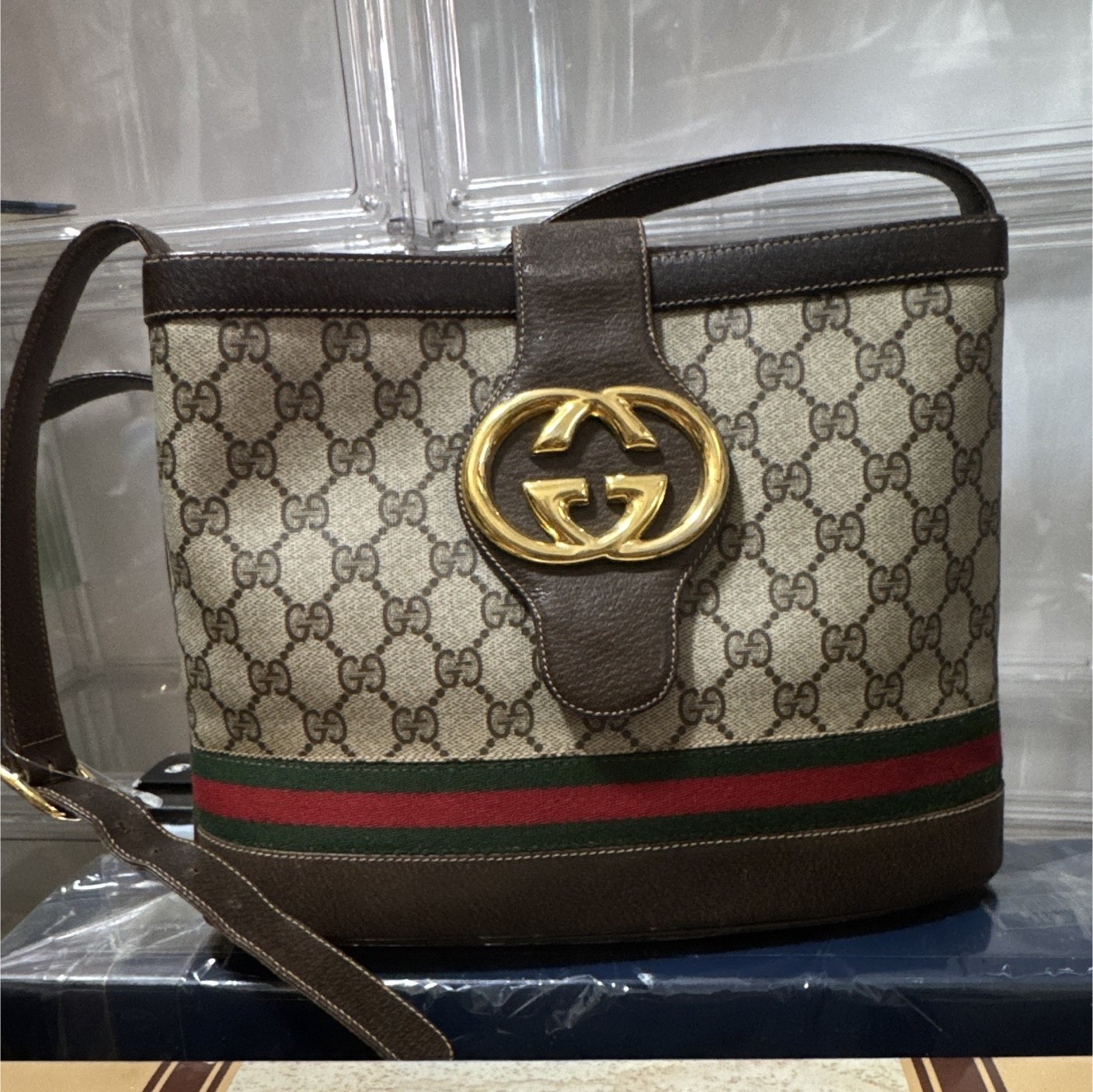 Gucci GG Pattern Web Stripe Top Handle Shoulder Bag Zip Detachable Strap Gold