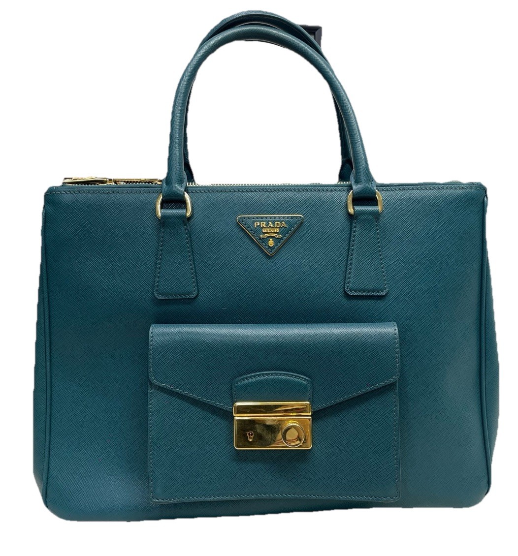 Authentic Prada Teal Saffiano Leather Front Lock Double Zip Galleria Handbag