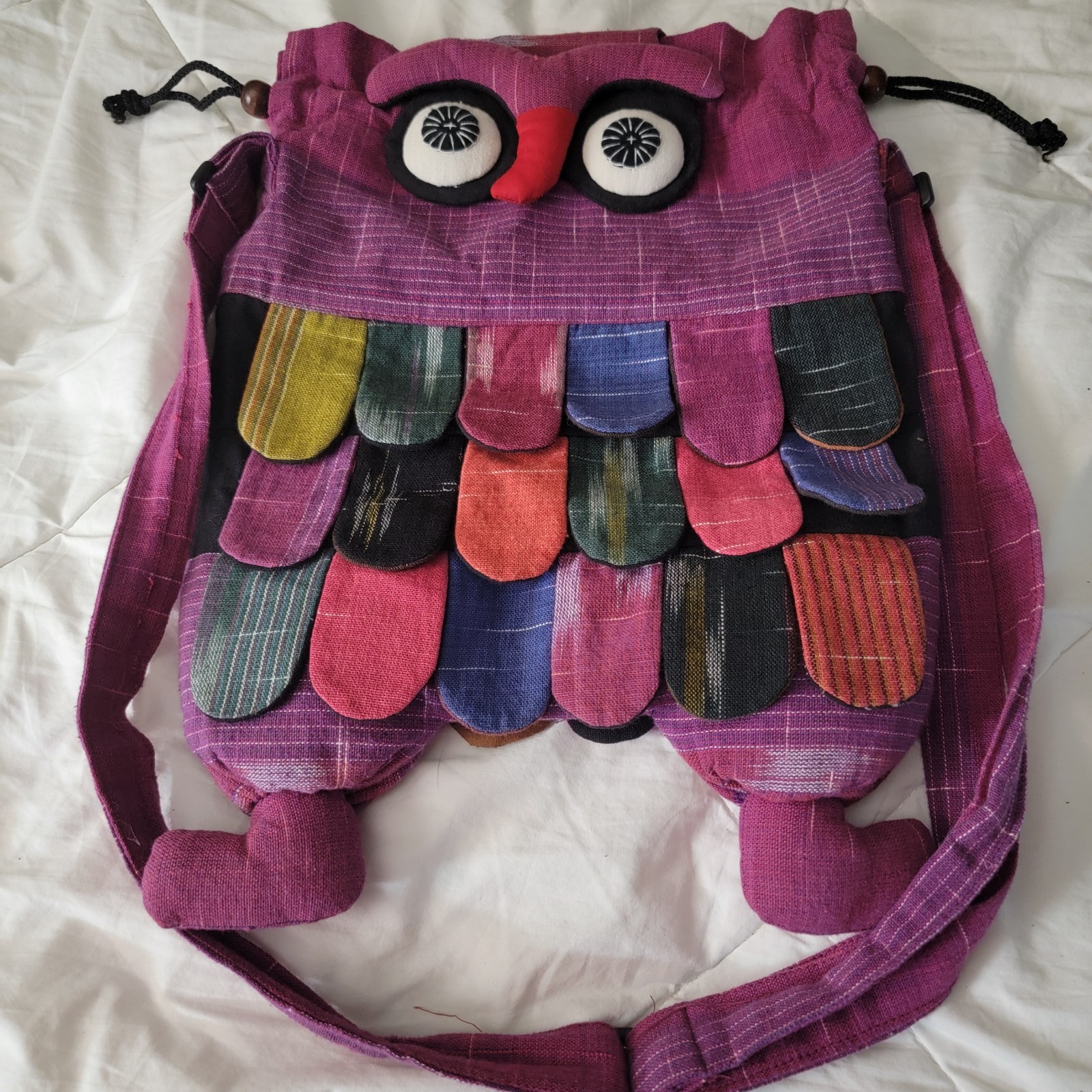 Artisan Made Boho Hand Stitched Multicolored Owl Crossboday With Cinch Top 15×11